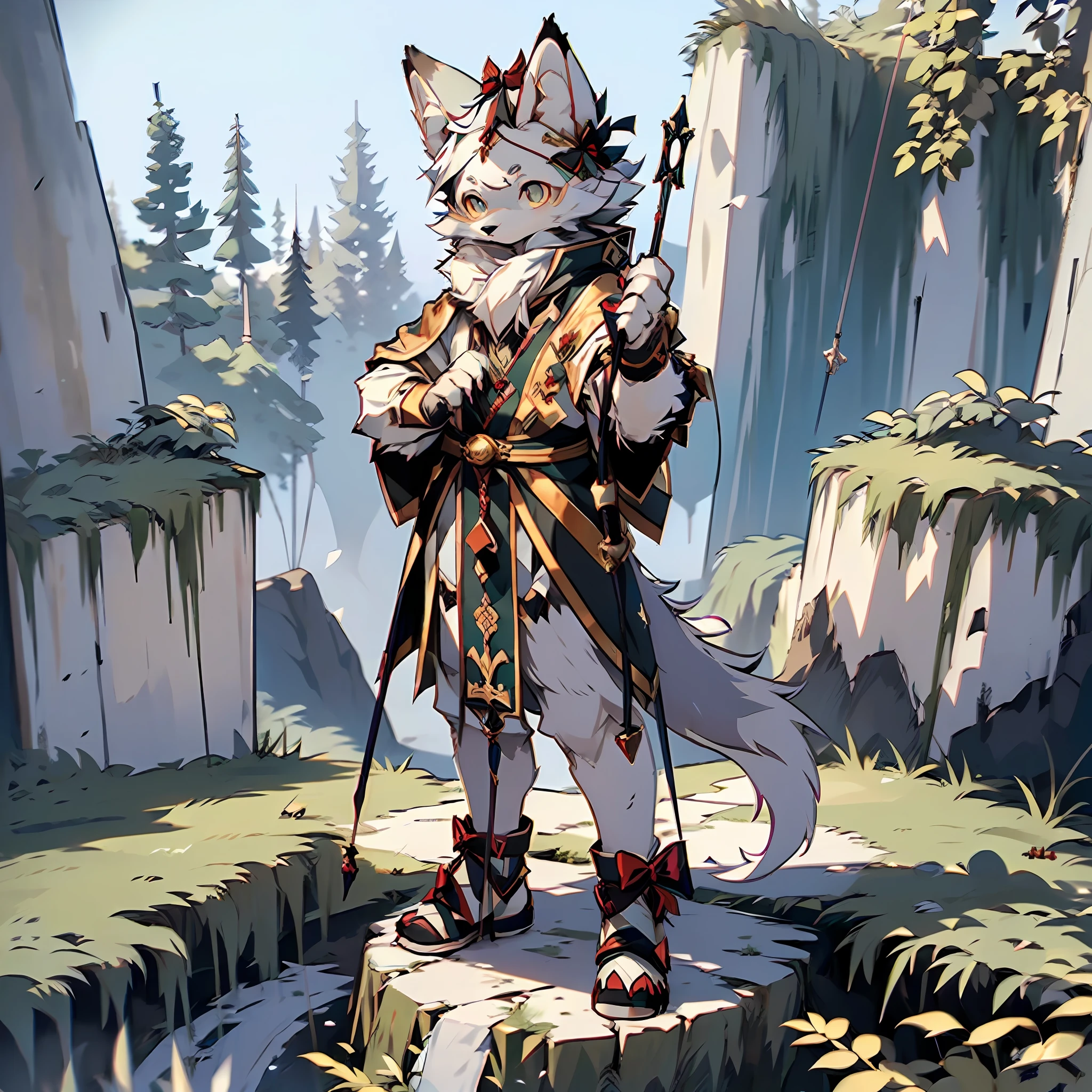 (Best Quality), (Masterpiece), ((Single 1.5)), (Ultra Detailed), (Furry), Full Body Furry, Furry, (Male Arctic Fox: 1.5), (Grey Skin: 1.3), (Fluffy Tail: 1.2), Character Focus, (Golden Eyes), (Canine Paws), (Gray Ears), Sharp Focus, (Furry of Animal Ears), Standing on the Wall of a Medieval Castle, (((Holding a Bow)))), ((Archer Style)), (Medieval Style) , bow and arrow, ((serious)), ((cold))