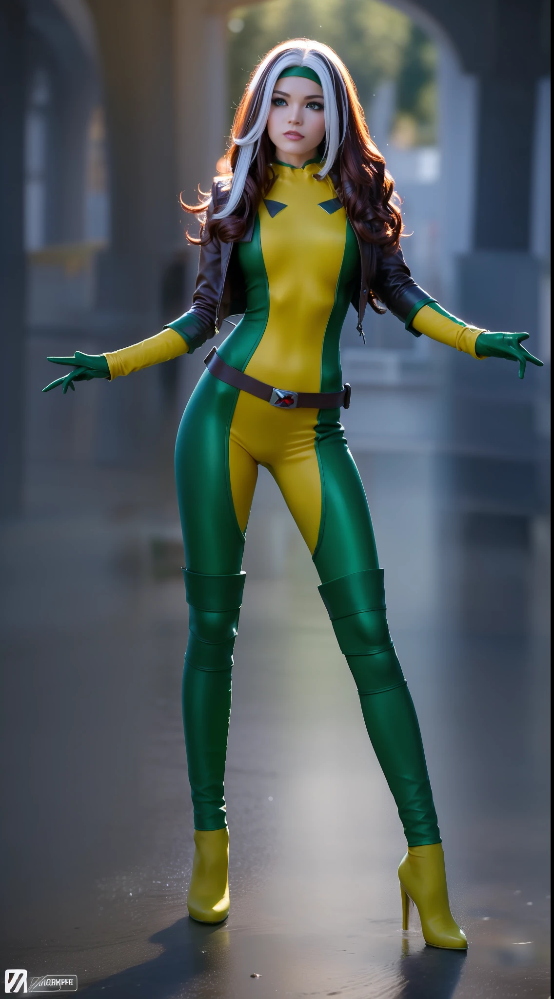 beautiful woman, detailed face, beautiful face, beauty, Rogue cosplay (X-Men), ((Rogue X-men), X-men Rogue, white lock in hair, brown hair, flying, wind effect, full body photo, prominent figure, night, photo (Masterpiece) (Best quality) (Detail) (8K) (HD) (Wallpaper) (Cinematic lighting) (Sharp focus) (Intricate), sexy, rain, wet, rays, best quality, ultra high resolution, photorealistic, full body portrait, incredibly beautiful, dynamic poses, detailed skin texture, highly detailed skin, detailed face, beautiful legs