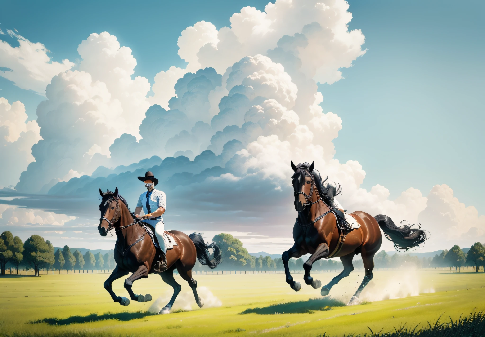 A black horse running on the grassland in front, a man riding a horse chasing behind, storybook illustration, vivid two-dimensional hand-drawn illustration, clear details, the background is a vast grassland and forest, blue sky and white clouds in the sky --auto --s2