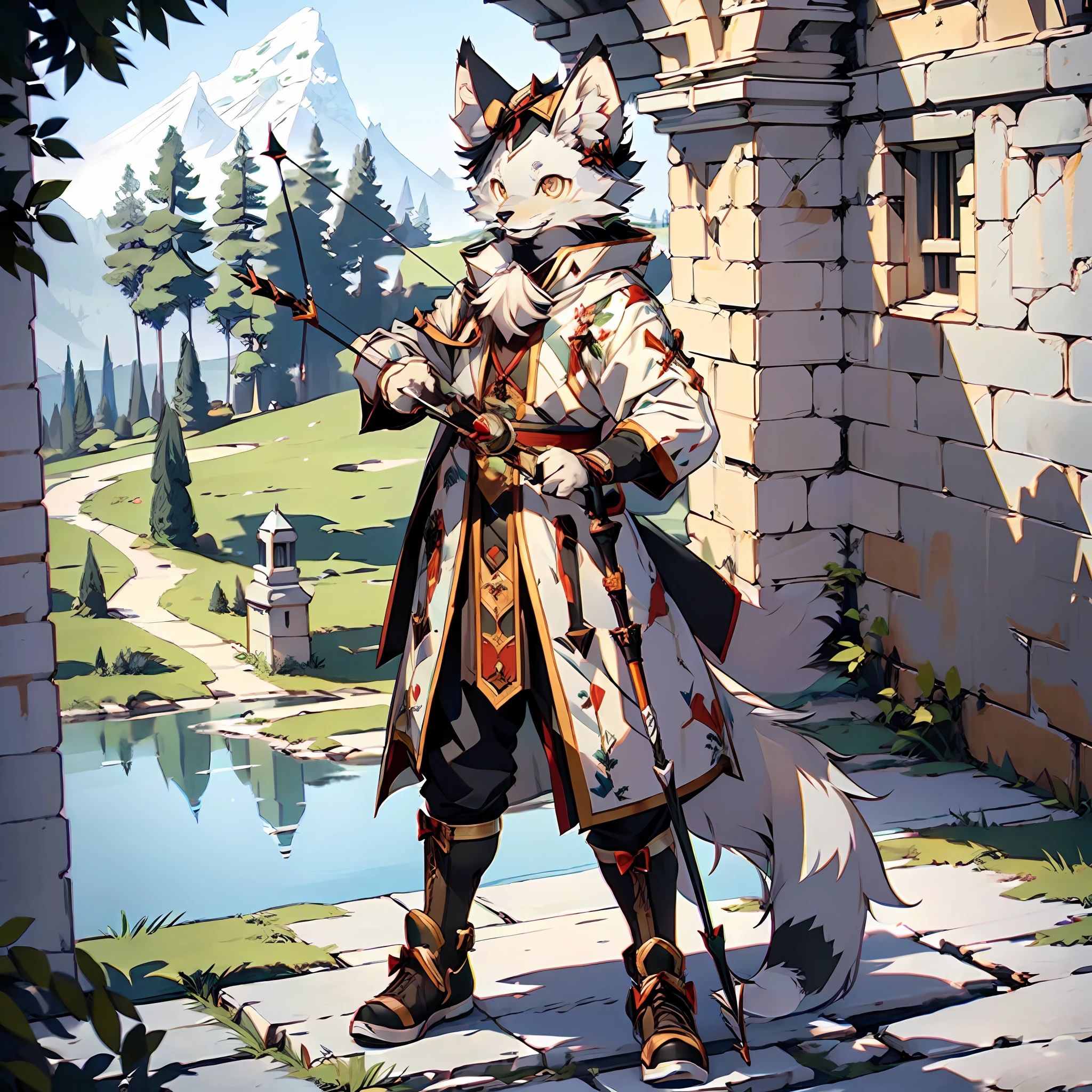 (Best Quality), (Masterpiece), ((Single 1.5)), (Ultra Detailed), (Furry), Full Body Furry, Furry, (Male Arctic Fox: 1.5), (Grey Skin: 1.3), (Fluffy Tail: 1.2), Character Focus, (Golden Eyes), (Canine Paws), (Gray Ears), Sharp Focus, (Furry of Animal Ears), Standing on the Wall of a Medieval Castle, (((Holding a Bow)))), ((Archer Style)), (Medieval Style) , bow and arrow, ((serious)), ((cold))