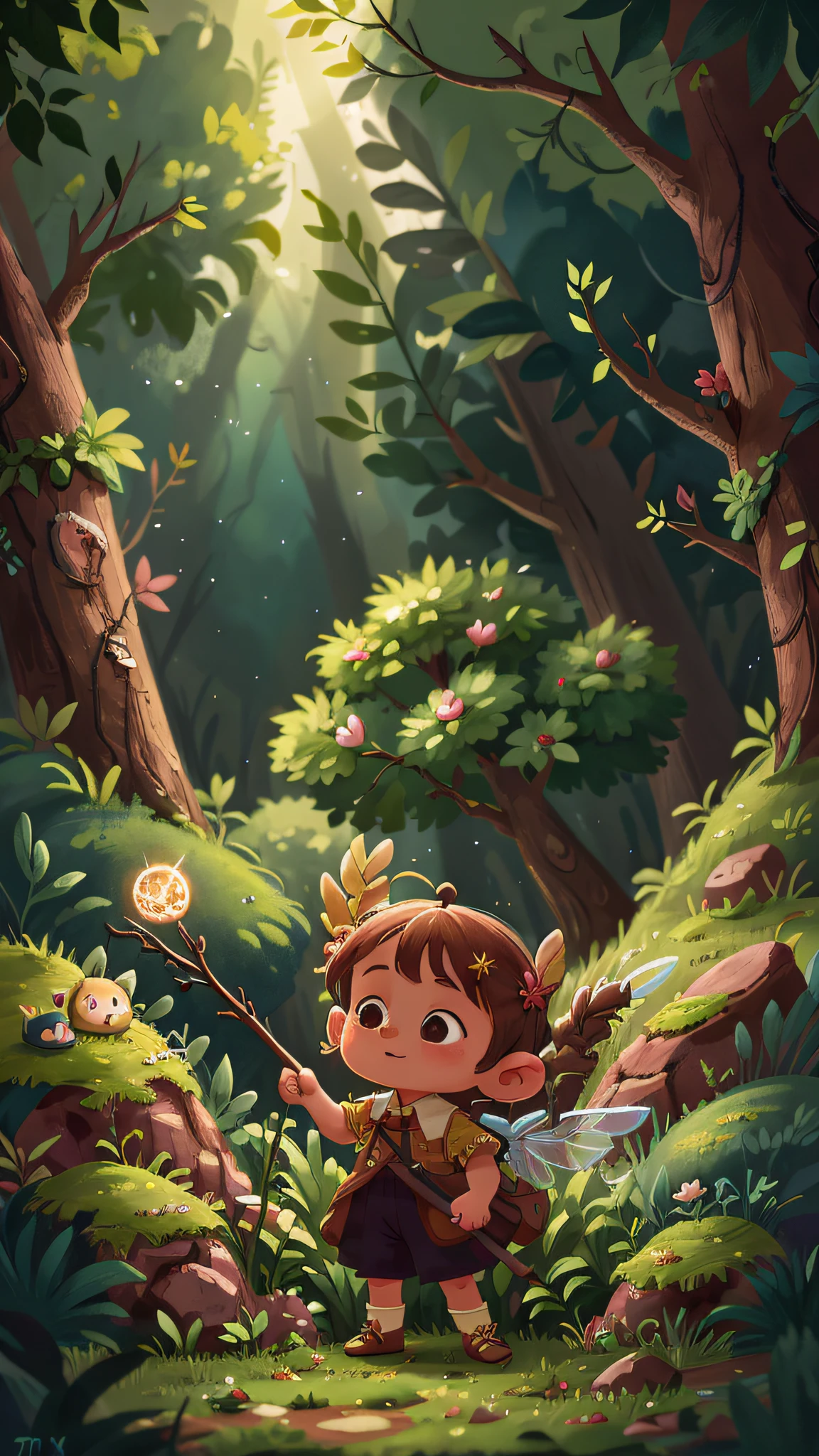 Little girl playing fairy stick, night forest, holding fairy stick, happy, happy, perfect quality, clear focus, (Masterpiece: 2.1) (Realistic: 1.2) (Bokeh) (Best quality) (Detailed skin: 1.3) (Intricate details) (8K) (Detail eyes) (Sharp focus) 2.1