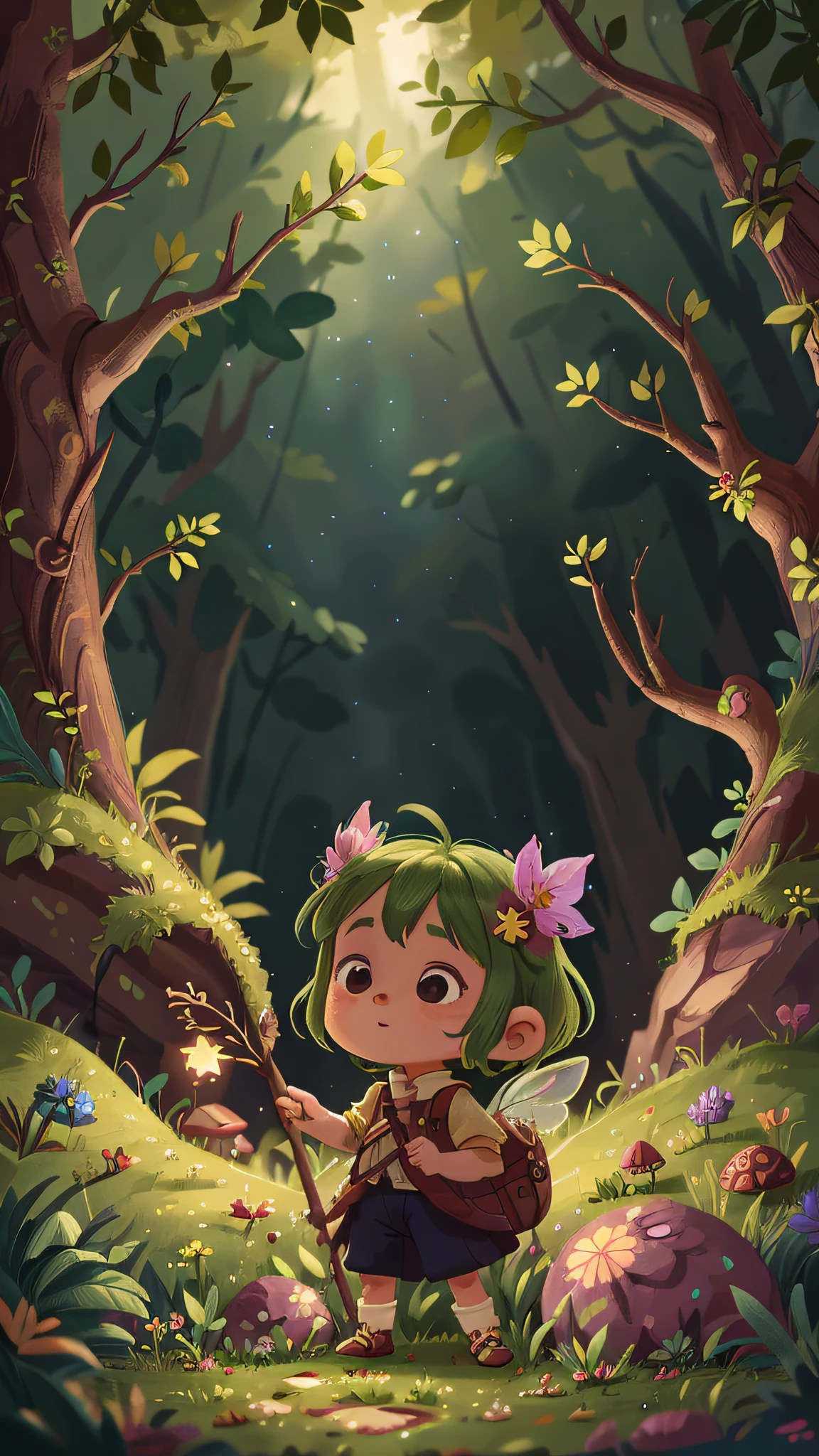 playing fairy stick, night forest, holding fairy stick, happy, happy, perfect quality, clear focus, (Masterpiece: 2.1) (Realistic: 1.2) (Bokeh) (Best quality) (Detailed skin: 1.3) (Intricate details) (8K) (Detail eyes) (Sharp focus) 2.1