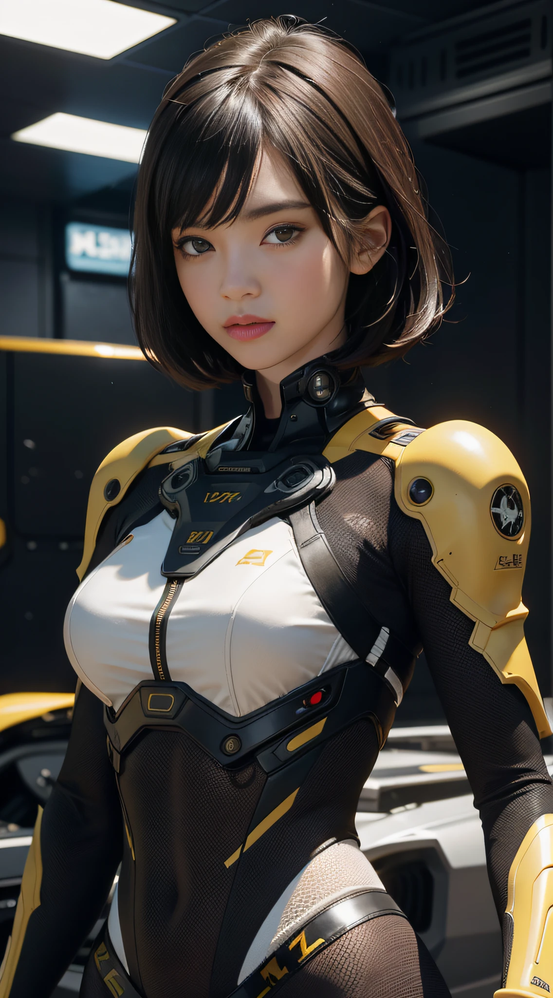 A girl looking at the audience, (front: 1.5), short black hair, bangs, pale yellow mech, mechanical, futuristic, 8k HD image, more details, solid background, (upper body: 1.5), brown eyes, real, bust diagram, realism, high detail, masterpiece, UHD, masterpiece, anatomically correct, super detail, best quality, high resolution, (absolute front: 1.5), (body front: 1.5),