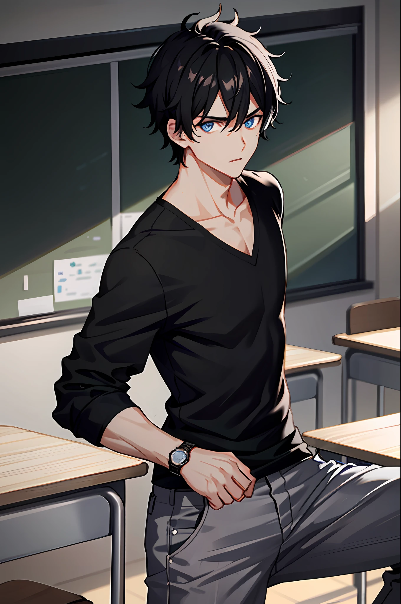 1boy, black hair, black shirt, blue eyes, pants, shirt, white pants, watch, messy hair, 8k resolution, classroom, shabby classroom, fierce, stick in hand, fierce eyes, beating stance