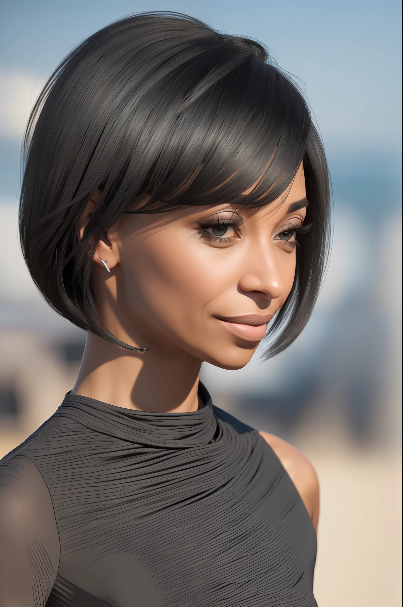 (((Tamara Taylor))), (a very tall slender woman with long legs walking on a busy beach promenade), ((tall slender figure)), ((hairstyle bob)), ((short black hair)), (narrow pelvis), (small round breasts), big brown eyes, ((small head)), It's evening and the sun is about to set, evening mood, she's smiling, (((She is wearing an elegant black pencil dress made of jersey fabric))), (photorealistic:1.2),  (best quality), (intricate details), 8K, (high poly), (ray tracing), (cinema lighting), (sharp focus), (detailed face:1.3), natural and realistic skin textures, soft face, (perspective from the front), (face by Tamara Taylor)