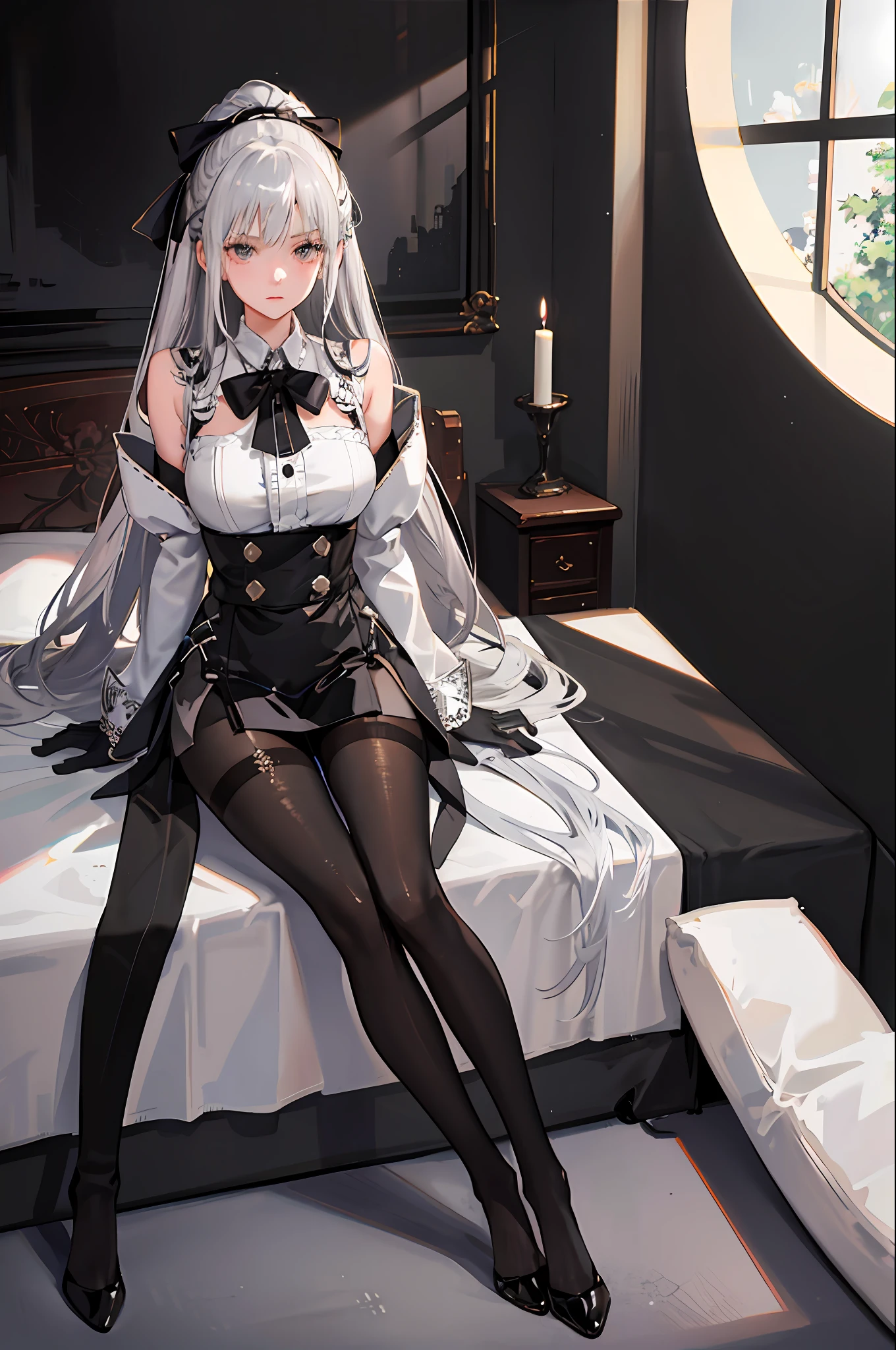 (((1 girl)),ray tracing,(dim lighting),[detailed background (bedroom)),((silver hair)),((silver hair)),(Fluffy silver hair, plump slender girl)) with high ponytail)))) Avoid blonde eyes in the ominous bedroom ((((Girl wears intricately embroidered black high-waisted pants with pantyhose) and white ruffled bow gloves), showing a delicate slim figure and graceful curves, correct limbs, sitting on the bed