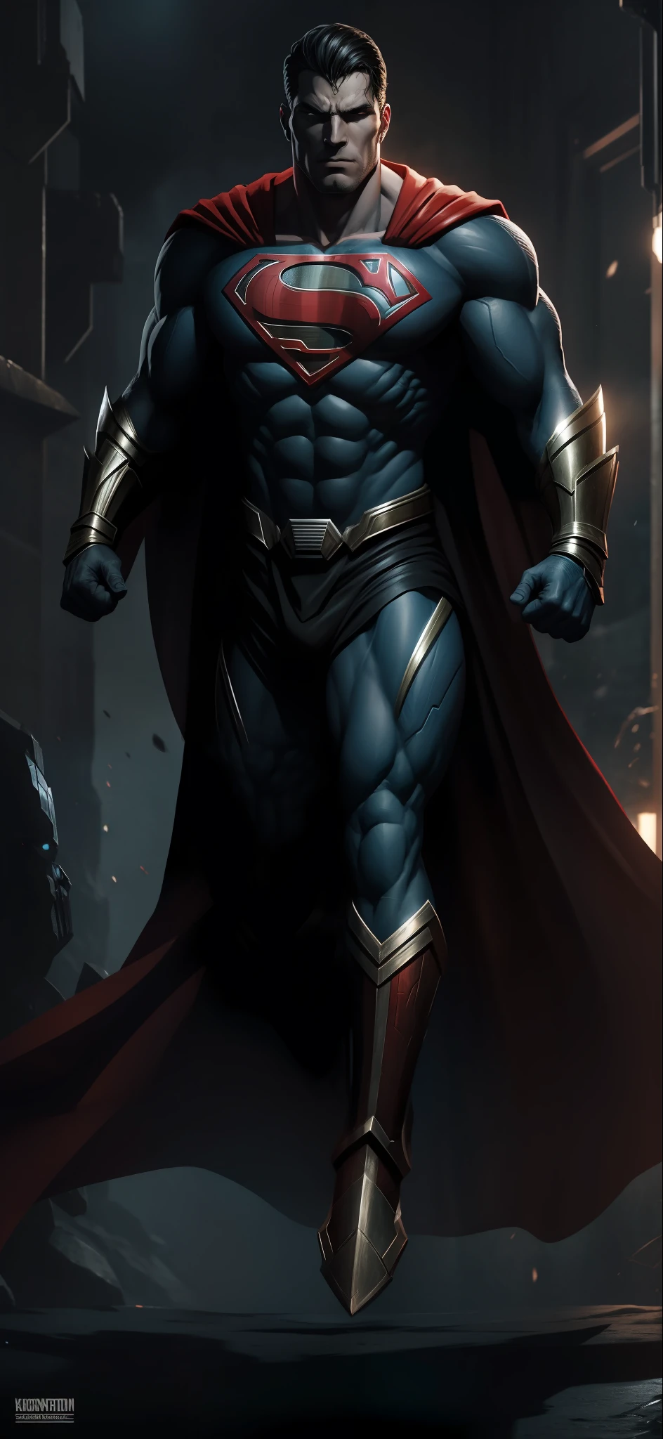 Imposing man wearing Kryptonian black armor, details in high resolution 8k.