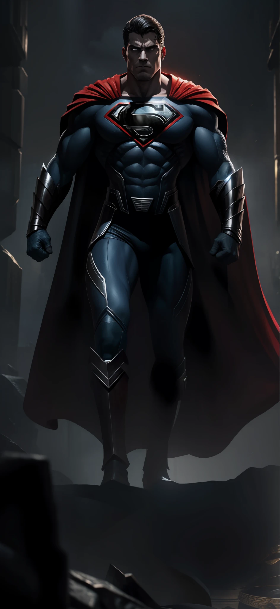 Imposing man wearing Kryptonian black armor, details in high resolution 8k.