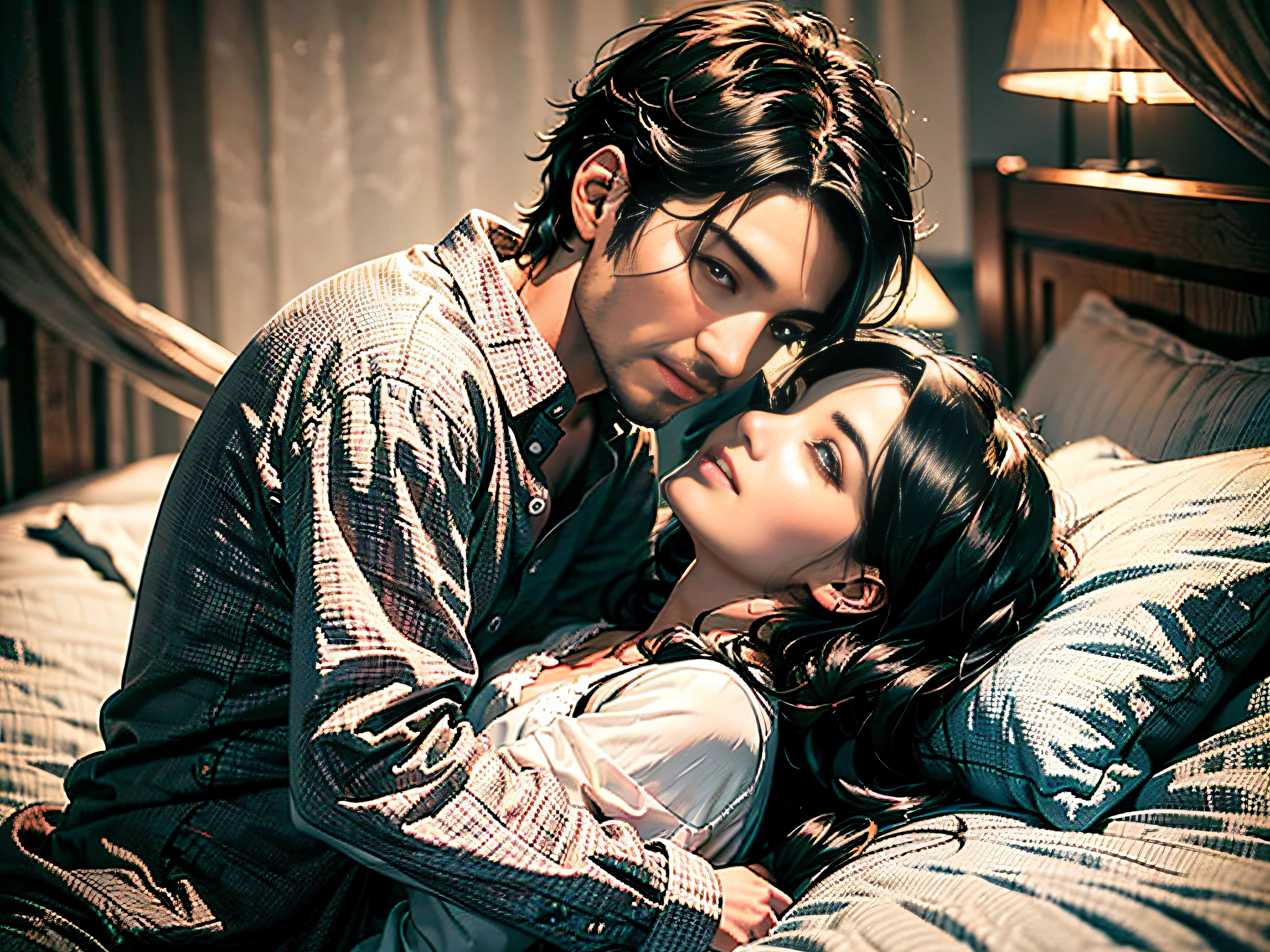 (A dimly lit bedroom: 1.9) (A man and a woman with black hair, wearing pajamas, lying on a bed: 1.8) (Embracing each other tightly: 1.9) (Eye contact and connection: 1.9)
