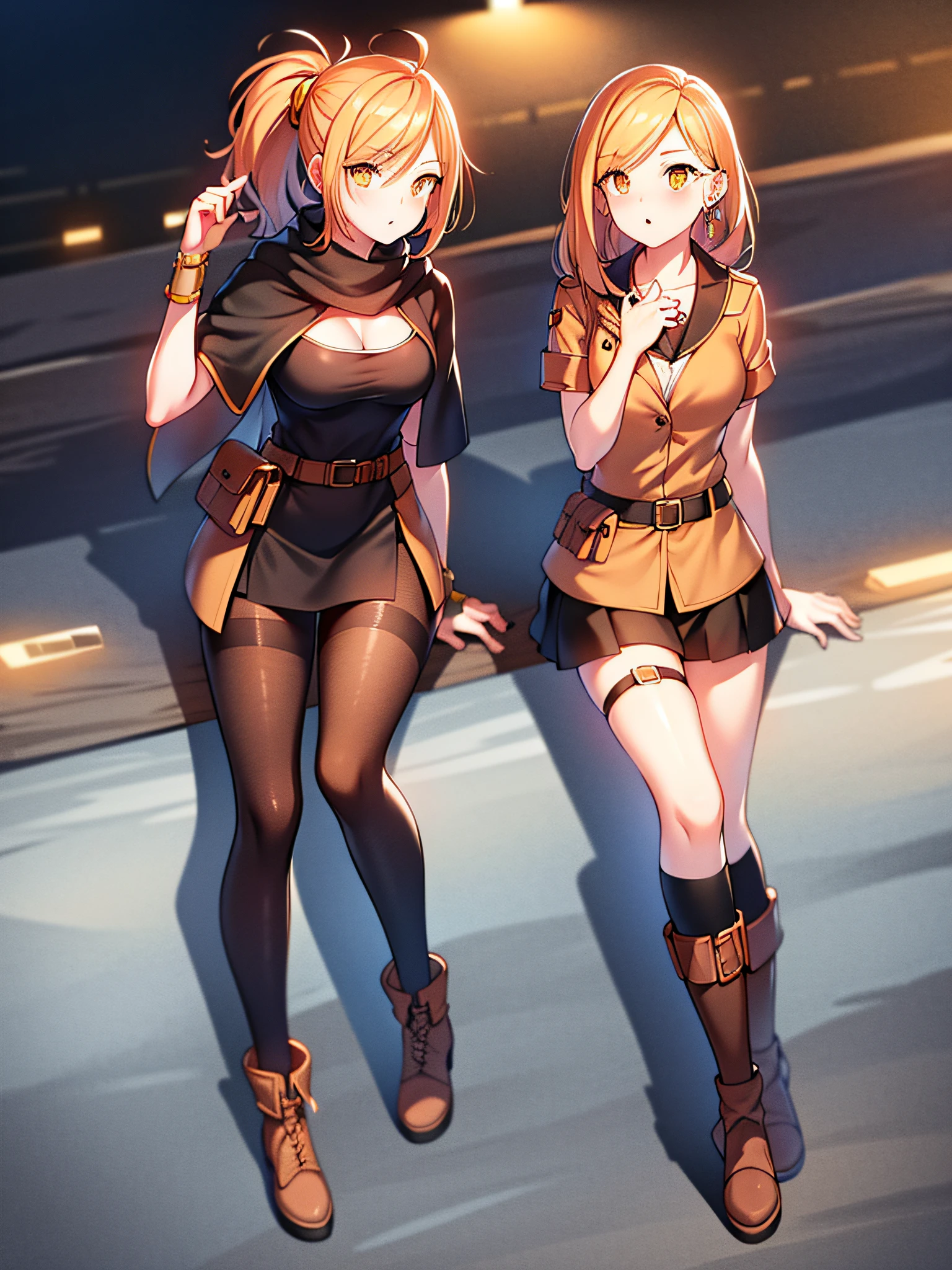 orange eyes light,richly faded light orange hair, anime 1girl, no  skirt, brown military boots, pouch on the waist belt, khaki bikini, "black tights", "dark_orange knee pad on right leg",( night city:1.4), black long cloak, (good hand:1.5 ) good legs, (Good face: 1.5), 1girl, best hand, no worst hand. without clothes, in big city