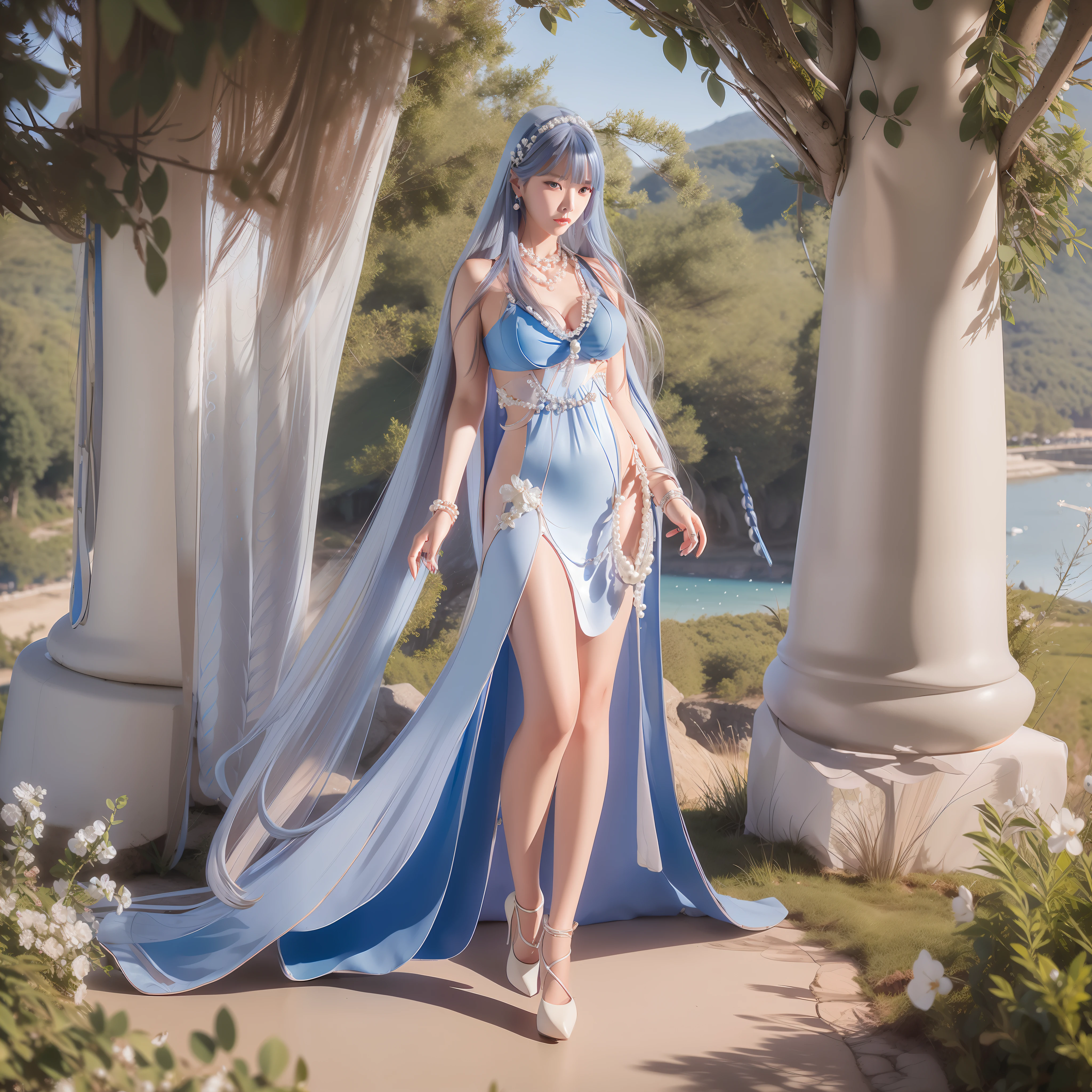 Korean Woman, white long hair, wearing an long elegant blue dress, Standing in a field with a view of the sea and sky, Smile, face beauty, pearl necklace, wearing a mermaid headband, high heels, blue nail polish, Slanted blue eyes with a piercing gaze, full body