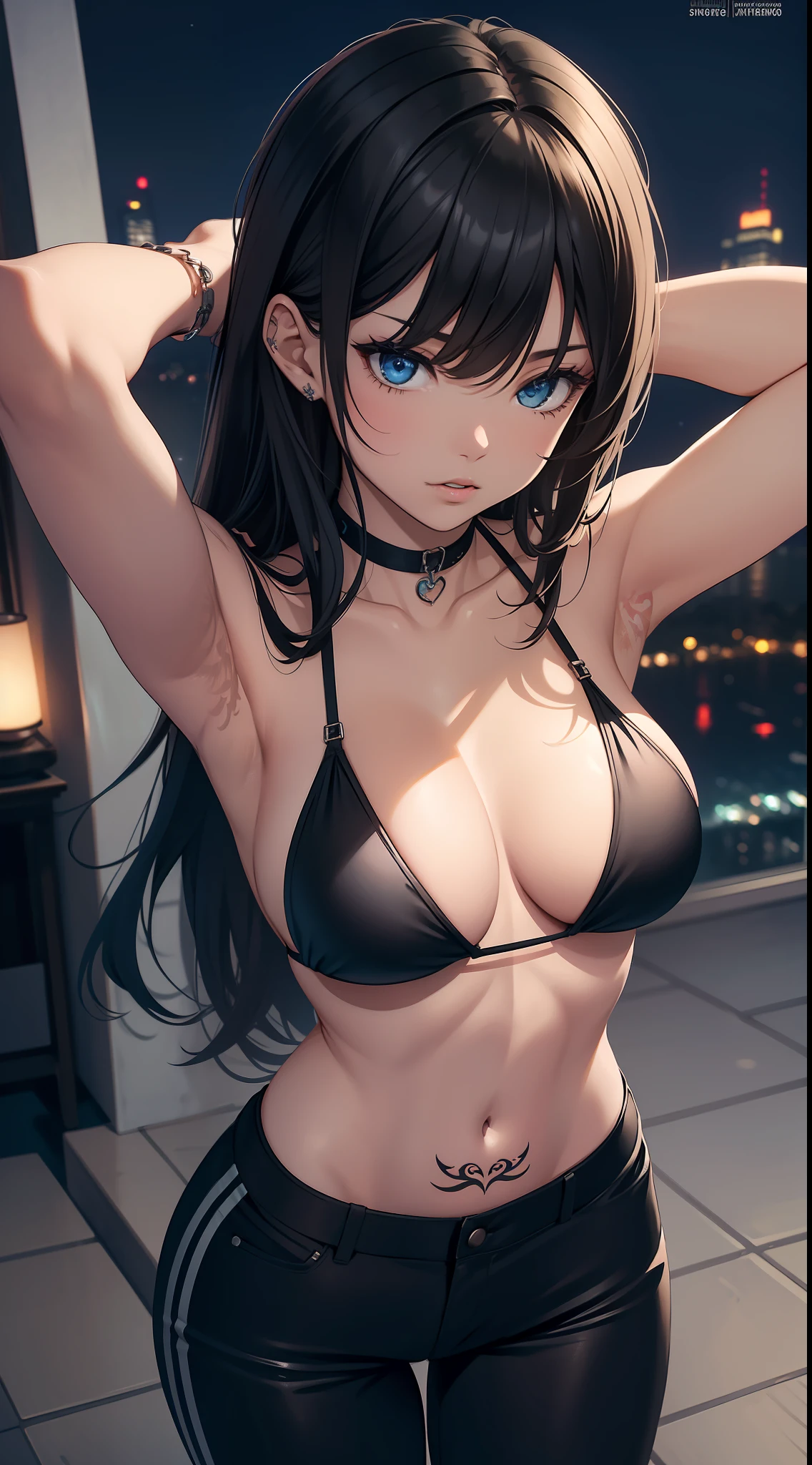 Best quality, masterpiece, night time, high angle shot, from above, 1girl, solo, muscular,sexy micro bikini top and black pants, long hair, smooth skin, cleavage, tattoos, extremely sexy,