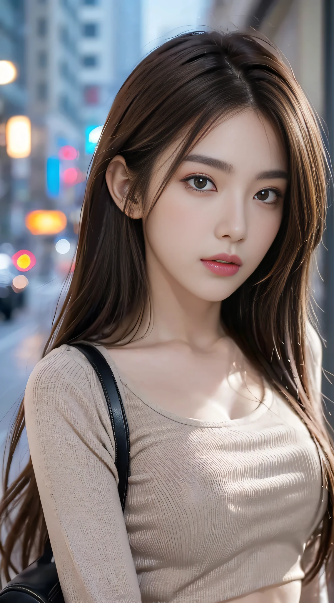 ((Realistic lighting, top quality, 8K, Masterpiece: 1.3)), Clear Focus: 1.2, 1 girl, Perfect Body Beauty: 1.4, Slim Abs: 1.1, ((Dark Brown Hair, Big: 1.3)), (Acceleration: 1.4), (Outdoor, Night: 1.1), Street, Slender Face, Narrow Eyes, Double Eyelids, Exposed Cleavage, Incredibly Ridiculous, Messy Hair, floating hair, long sleeve t-shirt, fashion model pose,