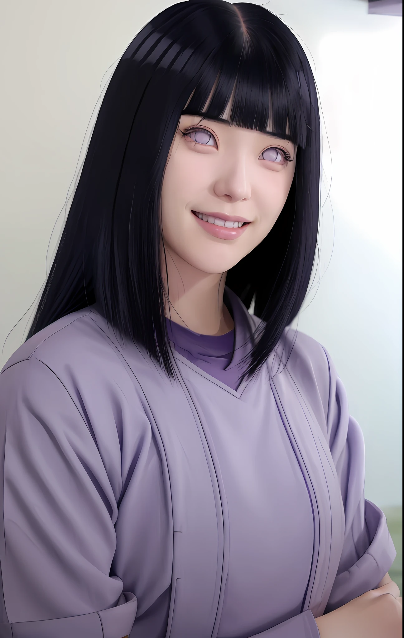 a girl with long blue hair and a gray shirt, hinata hyuga, hinata hyuga from naruto, she has black hair with blunt bangs, realistic, with long dark hair, from naruto, blunt bangs, purple eyes, pink lips, (realistic hair:1.3), (long hair:1.3), (smile:1.3), detailed character, realistic character, blushing, (beautiful face:1.3),