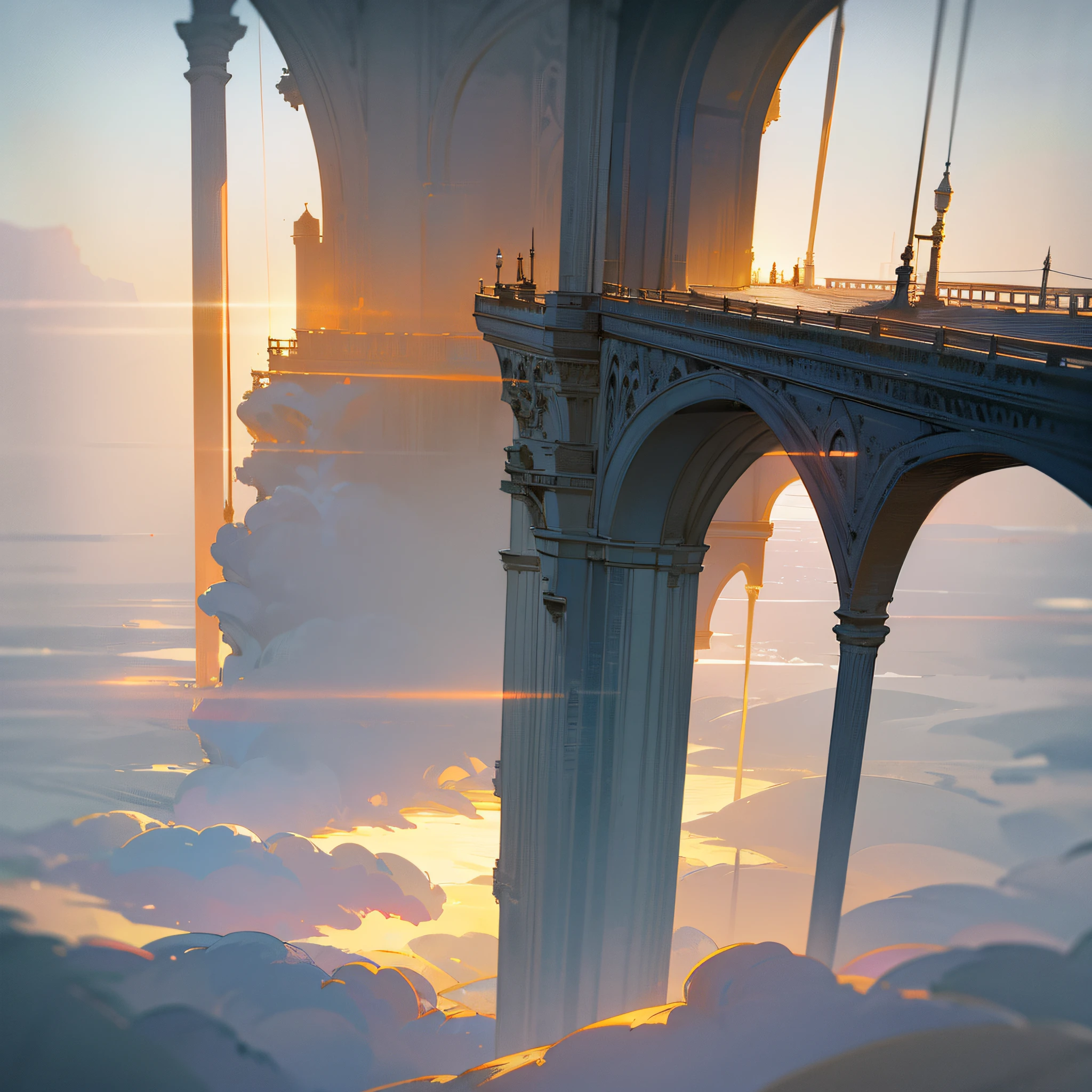 "The bridge extending from the lower left of the picture to the upper right in the distance is foggy, elegant and delicate, with meticulous texture details, smooth interlacing of light and shadow, soft tone gradients, and a poetic atmosphere."