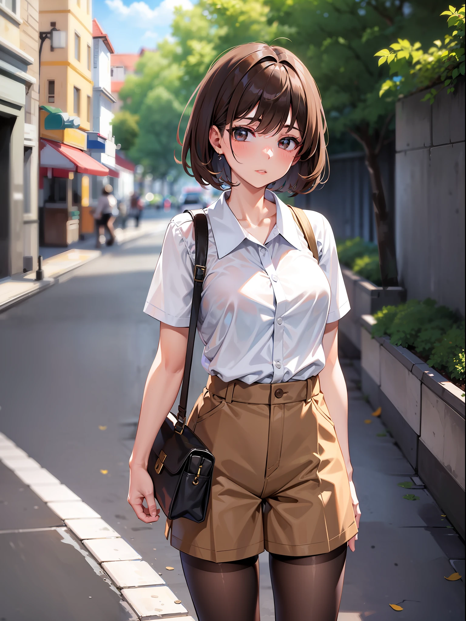 Brown hair shorthair, short clothes with white collar sleeves, shorts, pantyhose, girl, outdoor, tech sneakers