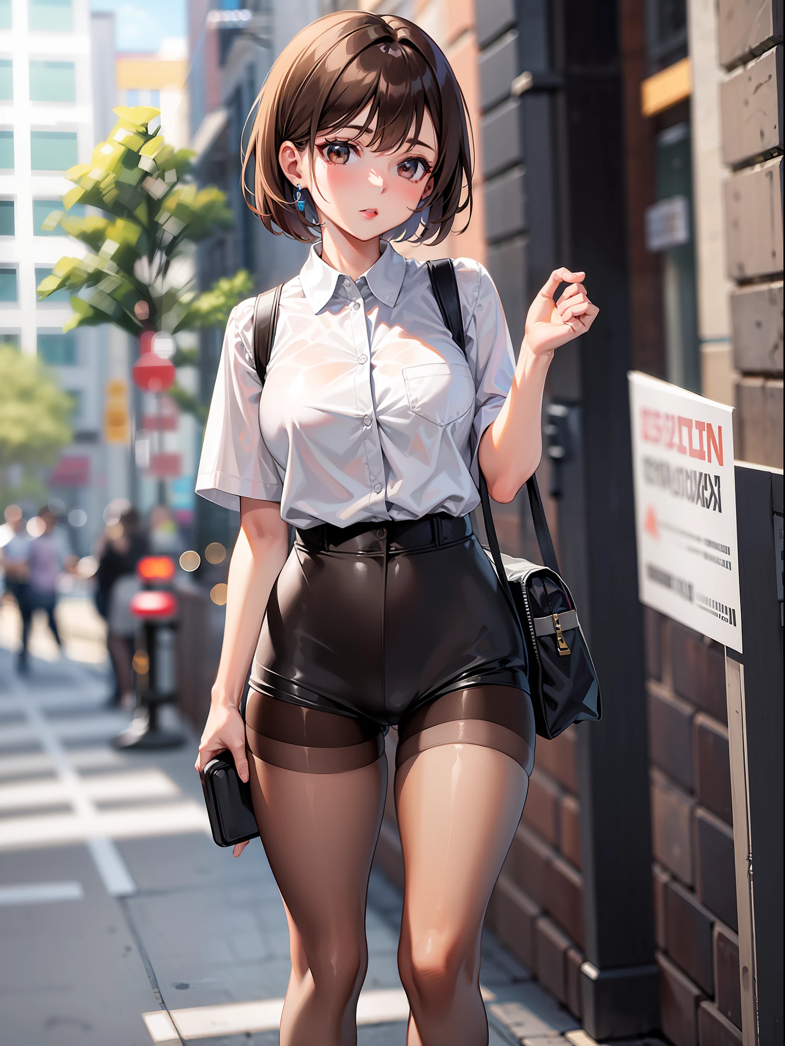 Brown hair shorthair, short clothes with white collar sleeves, shorts, pantyhose, girl, outdoor, tech sneakers