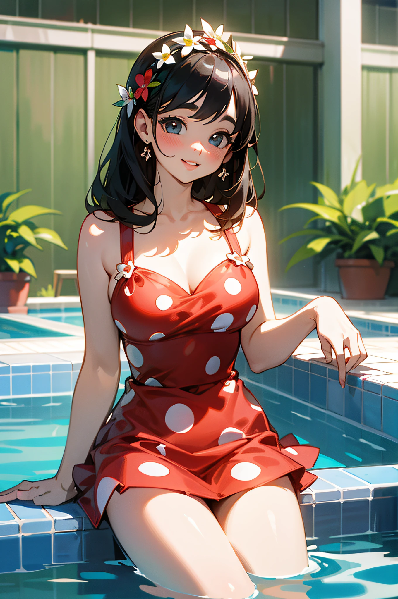 Swimming pool, non-slip tiles, flowers and plants, rides, (a cute maiden, delicate and beautiful facial features, blush, smile, tall, big eyes, lips), (red dress, mini skirt, stacked lace), collarbone, glowing polka dot swimming circle, look to the audience, master works, 8k resolution, super high resolution, high detail, higher quality, best picture quality