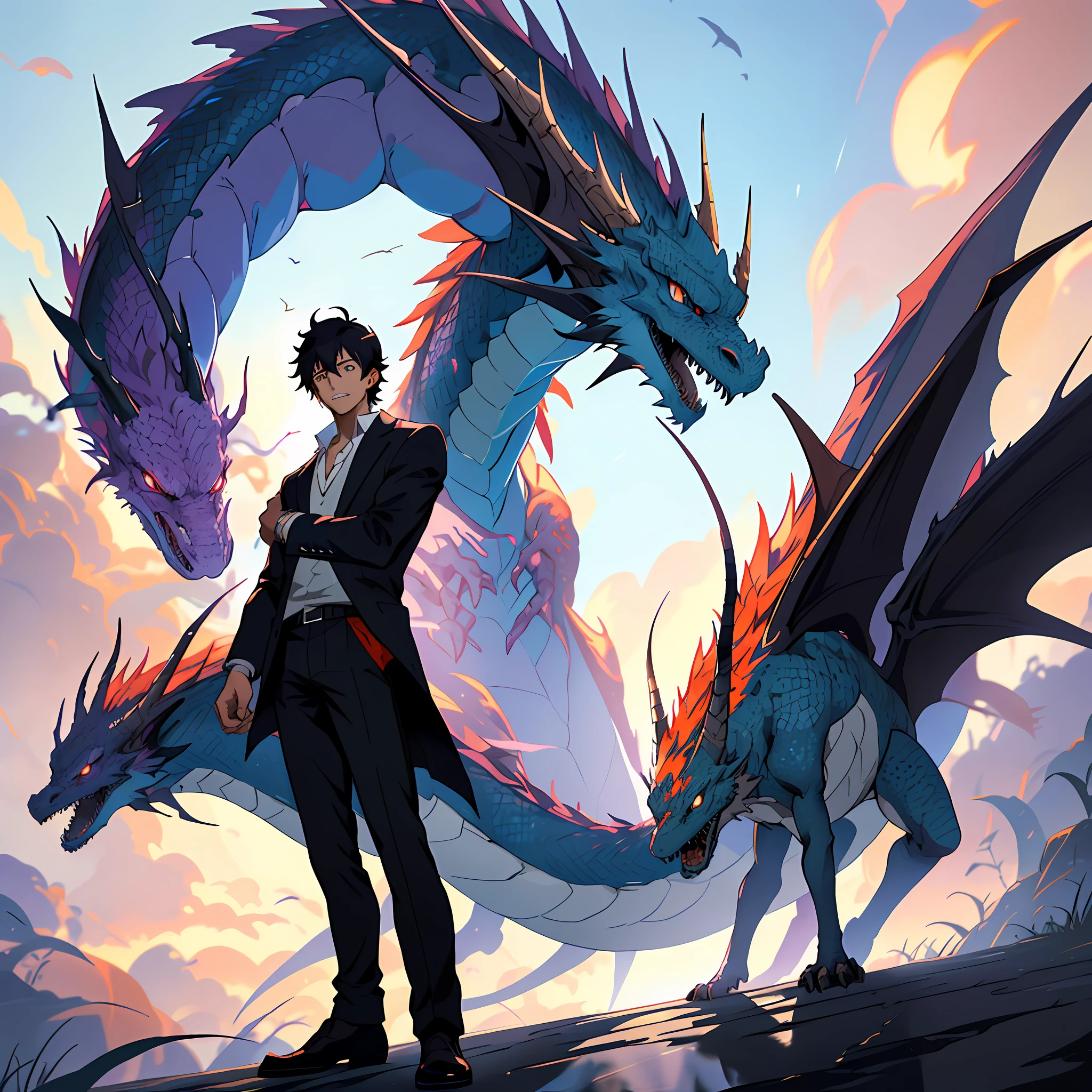 A man wearing a white casual blazer, black suit pants, ability to use dragons, conjuring dragons, on the modern battlefield, fighting enemies, Makoto Shinkai Cyril Rolando, anime concept HDR anime McManus, Guvez style artwork, inspired by Sylvain Sarel, stylized urban fantasy artwork