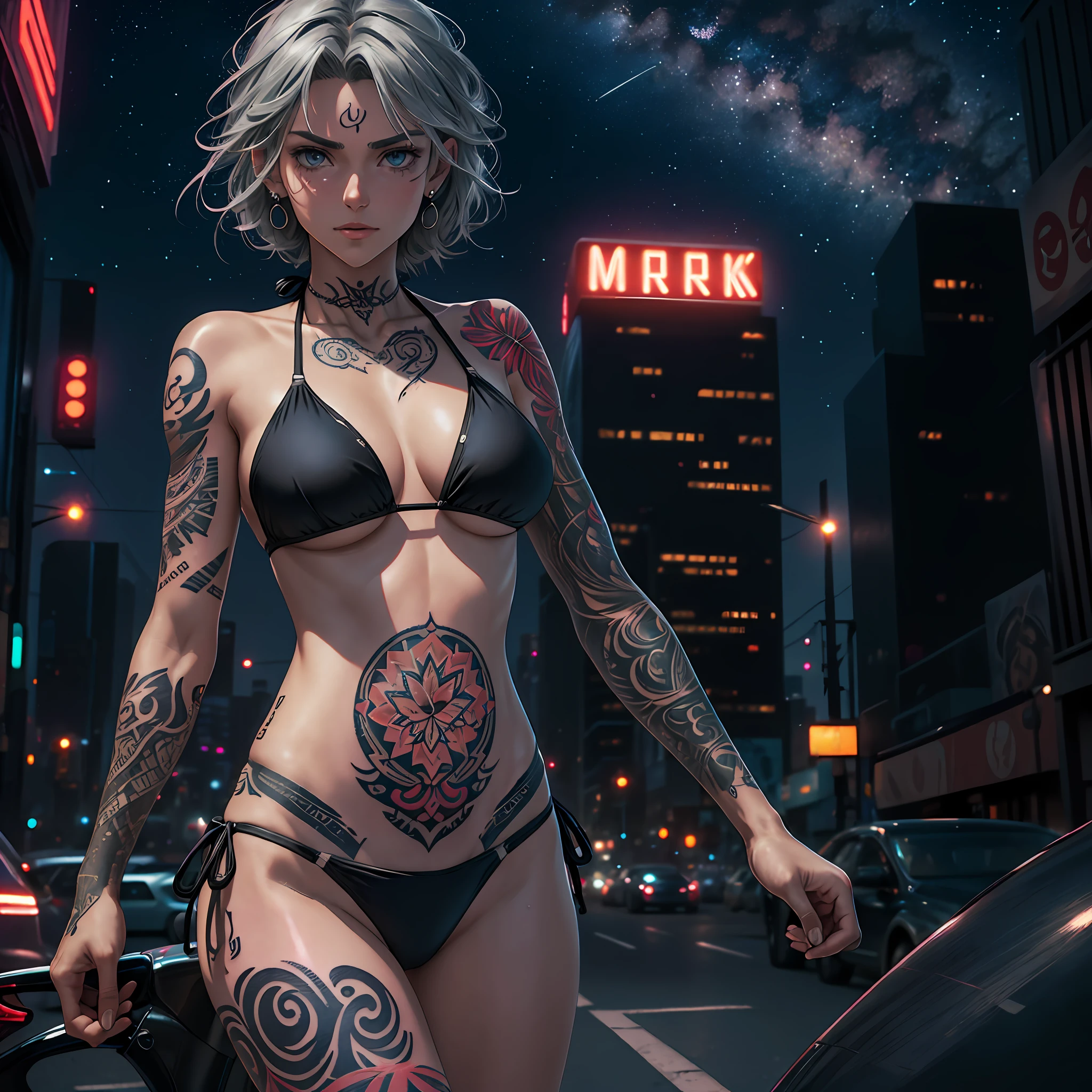 ((One woman)), night city, neon, perfect starry sky, UHD, high detail, high quality, super detail, ultra-fine illustration, 16k, Makoto Shinkai, Ghibli, gray hair, micro bikini, plain bikini, ((bikini with less fabric)), big eyes, long eyelashes, very long eyelashes, ethnic tattoos, (tattoos that cover the entire body), ((lots of tattoos)), tattoos on the chest, tattoos on arms, tattoos on fingers, (tattoos all over the chest), beautiful features, neutral facial features, (short hair)