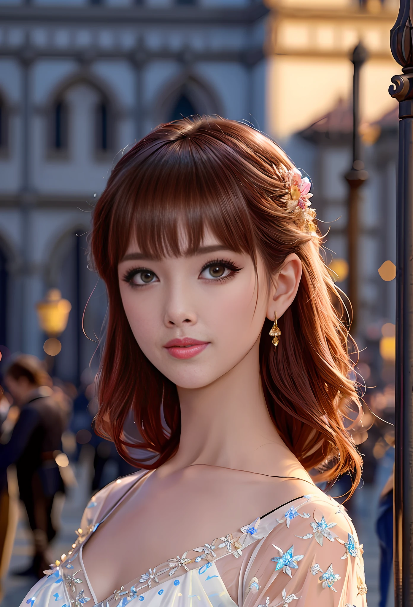 Model shooting style, (extremely detailed CG Unity 8k wallpaper), full-shot body photo of the most beautiful artwork in the world, stunning beautiful photo realistic available, super realistic super detailed photo, a beautiful girl as a female dancer on the streets of Florence, navel, complex dress, banquet, crowd, [slight smile], (Palazzo Vecchio and Piazza della Signoria background), (princess eyes, shining pupils), detailed symmetrical beautiful hazel eyes, detailed gorgeous face, highly detailed, Vibrant, professional majestic oil painting by Ed Blinkey, Atey Ghailan, Studio Ghibli, Jeremy Mann, Greg Manchess, Antonio Moro, ArtStation Trends, CGSociety Trends, Complex, High Detail, Sharp Focus, Dramatic, Realistic Painting Art, by Midjourney and Greg Written by Rutkowski