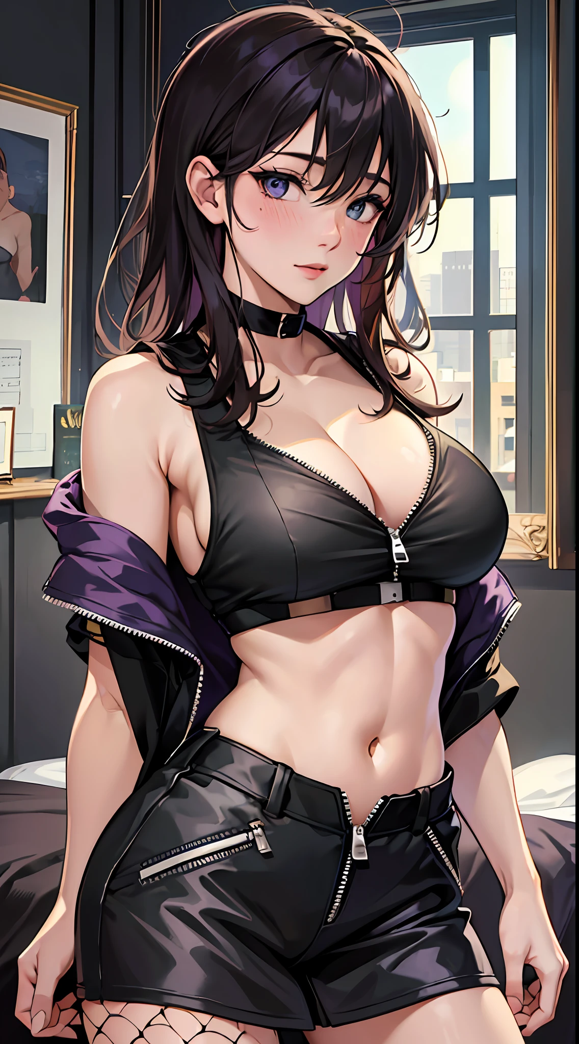 Masterpiece, highres, high Quality, detailed face, detailed body render, 1girl, solo, hyuuga hinata, hinata-sleeveless-outfit, large breasts, big breast, sleeveless shirt, fishnet top, dark lips, unzipped jacket, no bra, breasts out, nipple, standing, blushes, (on bedroom) --auto --s2