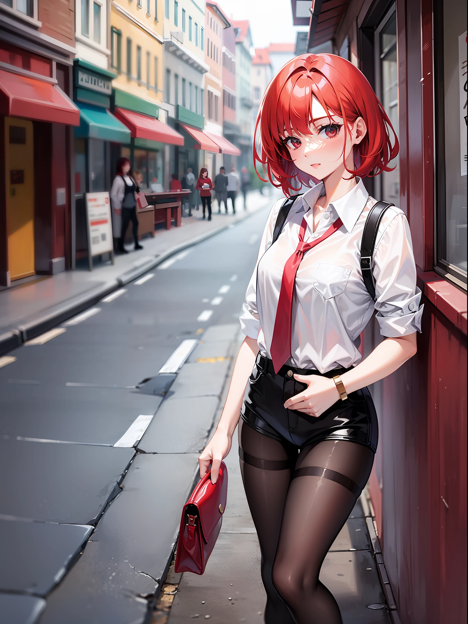 red-haired short-haired, short clothes with white collar sleeves, shorts, pantyhose, girls, outdoors,