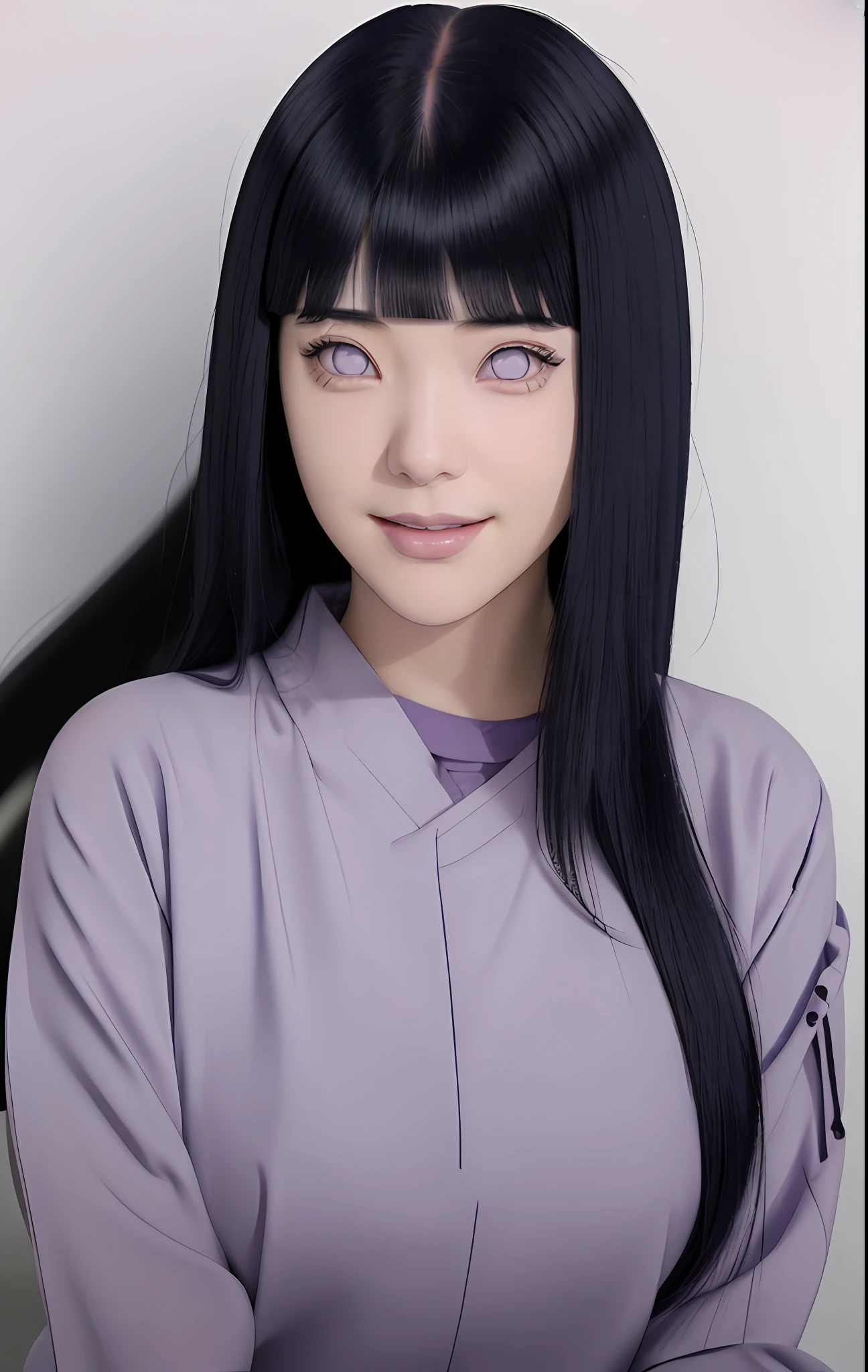 a girl with long blue hair and a gray shirt, hinata hyuga, hinata hyuga from naruto, she has black hair with blunt bangs, realistic, with long dark hair, from naruto, blunt bangs, purple eyes, pink lips, (realistic hair:1.3), (long hair:1.3), (light smile:1.3), detailed character, realistic character, blushing, (beautiful face:1.3), (detailed eyes:1.3),