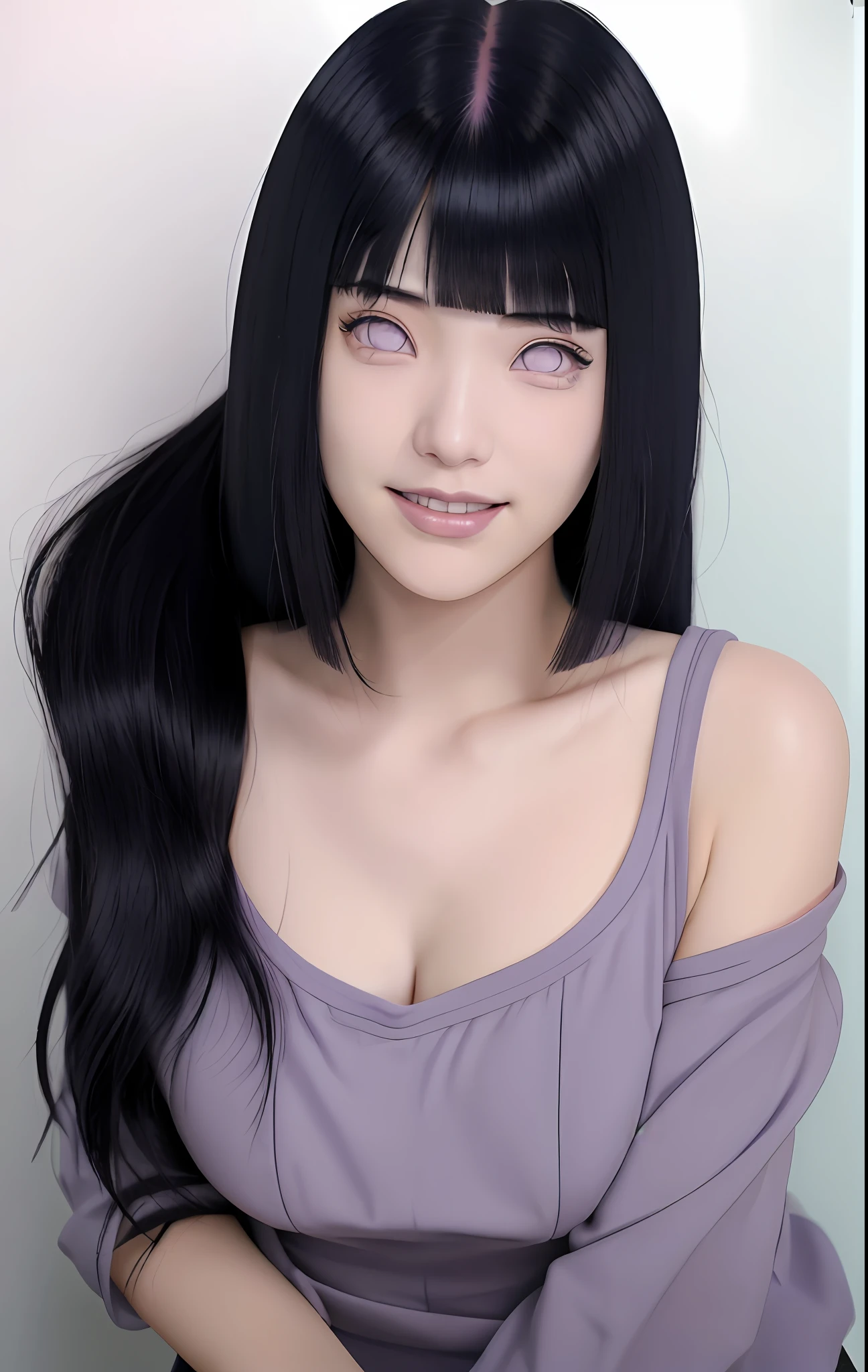 a girl with long blue hair and a gray shirt, hinata hyuga, hinata hyuga from naruto, she has black hair with blunt bangs, realistic, with long dark hair, from naruto, blunt bangs, purple eyes, pink lips, (realistic hair:1.3), (long hair:1.3), (light smile:1.3), detailed character, realistic character, blushing,  (beautiful face:1.3), (detailed eyes:1.3),