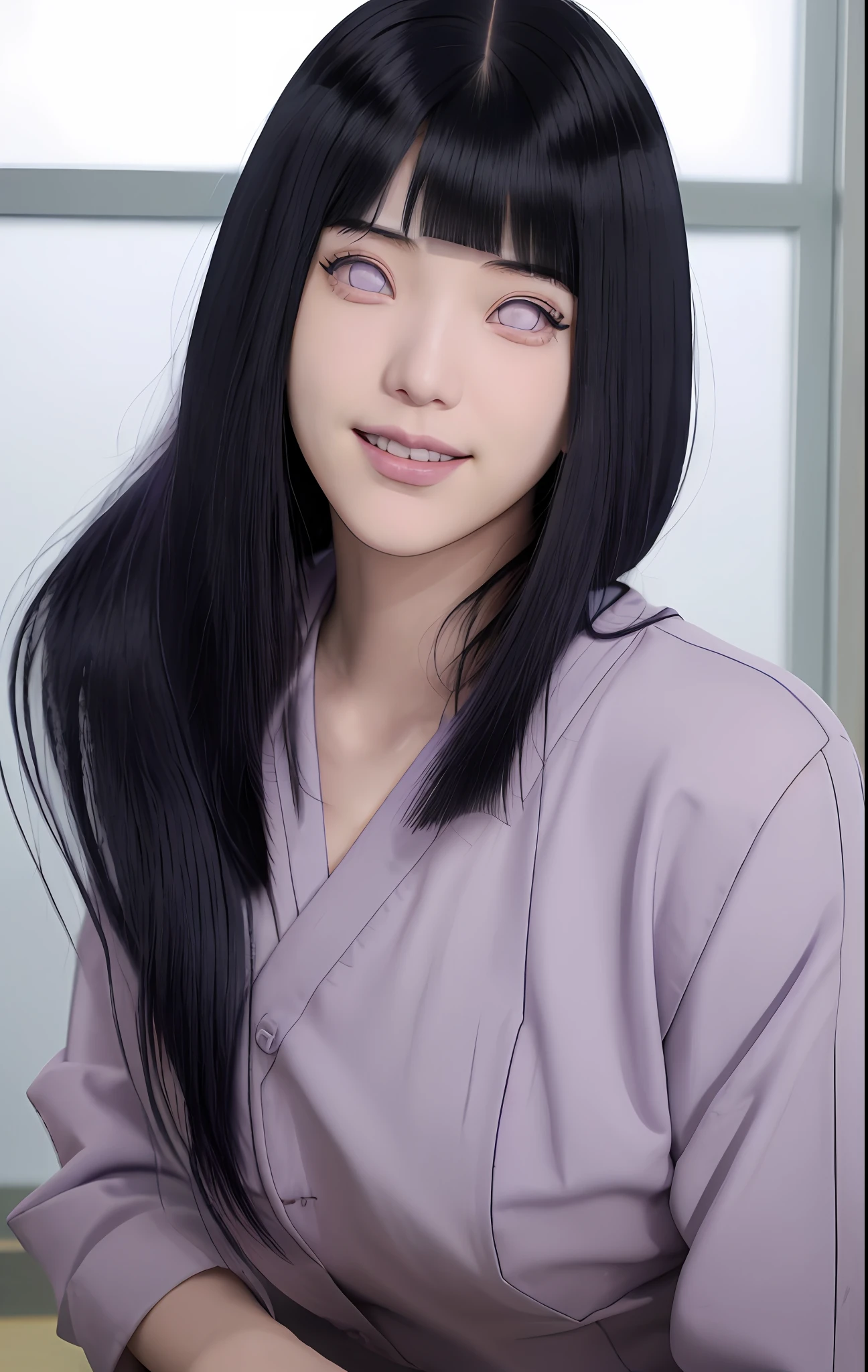 a girl with long blue hair and a gray shirt, hinata hyuga, hinata hyuga from naruto, she has black hair with blunt bangs, realistic, with long dark hair, from naruto, blunt bangs, purple eyes, pink lips, (realistic hair:1.3), (long hair:1.3), (light smile:1.3), detailed character, realistic character, blushing, (beautiful face:1.3), (detailed eyes:1.3),