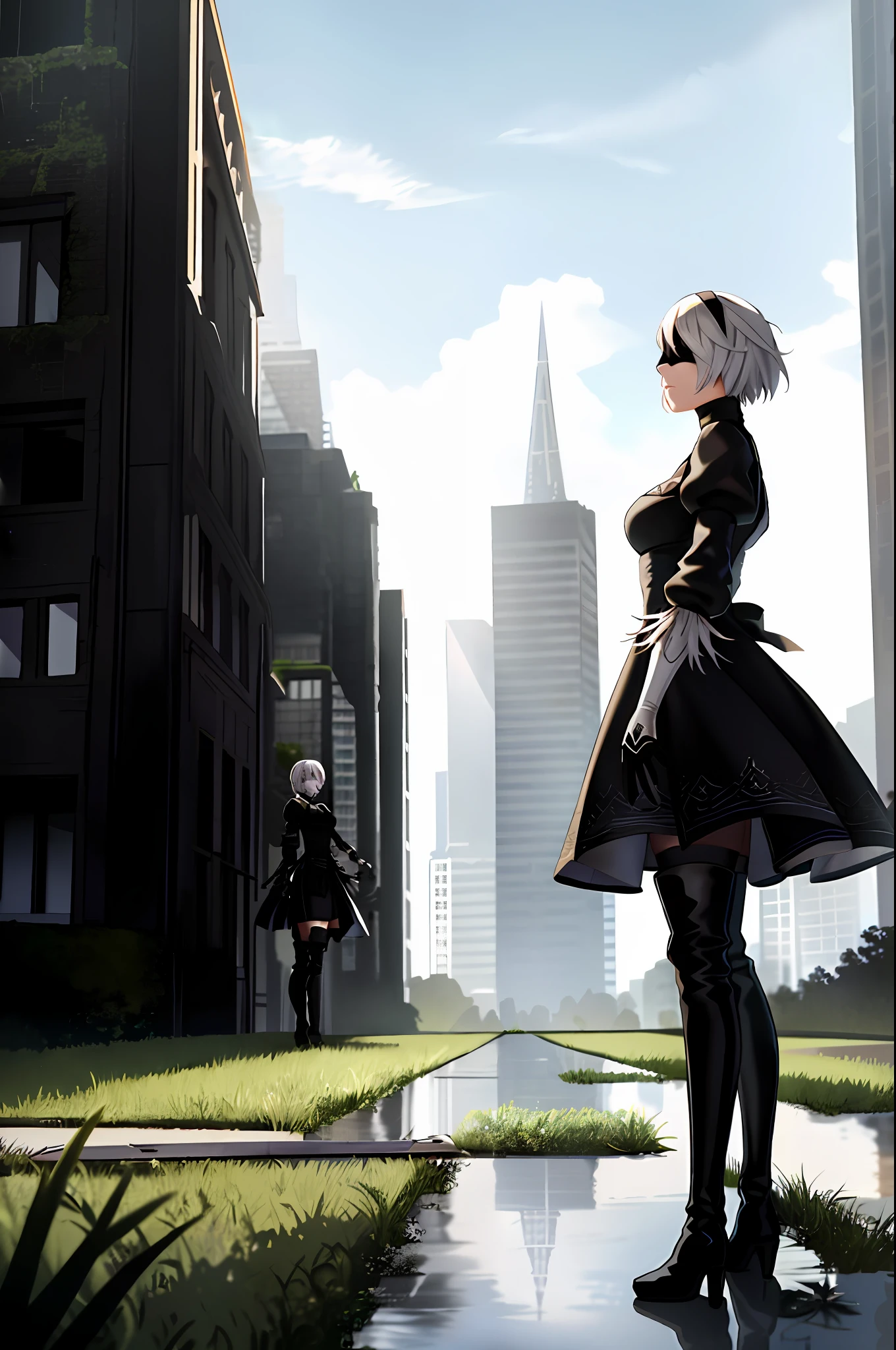 Yoha No. 2 type b, 1girl, abundres, black eye mask, black dress, black headband, eye patch, blue sky, boots, architecture, city, cloud, blindfold, shard, skirt, feather-trimmed sleeves, feather trim, seen from below, gloves, grass, headbands, high-heeled boots, highres, juliet sleeves, katana, leather, leather boots, long sleeves, nier \ (series), nier automata, outdoors, overgrown, pod \ (Nier Automata), post-apocalypse, puddle, fluffy sleeves, rubble, ruins, landscape, sky, boots, stockings, stockings under boots, water, skirt scenery