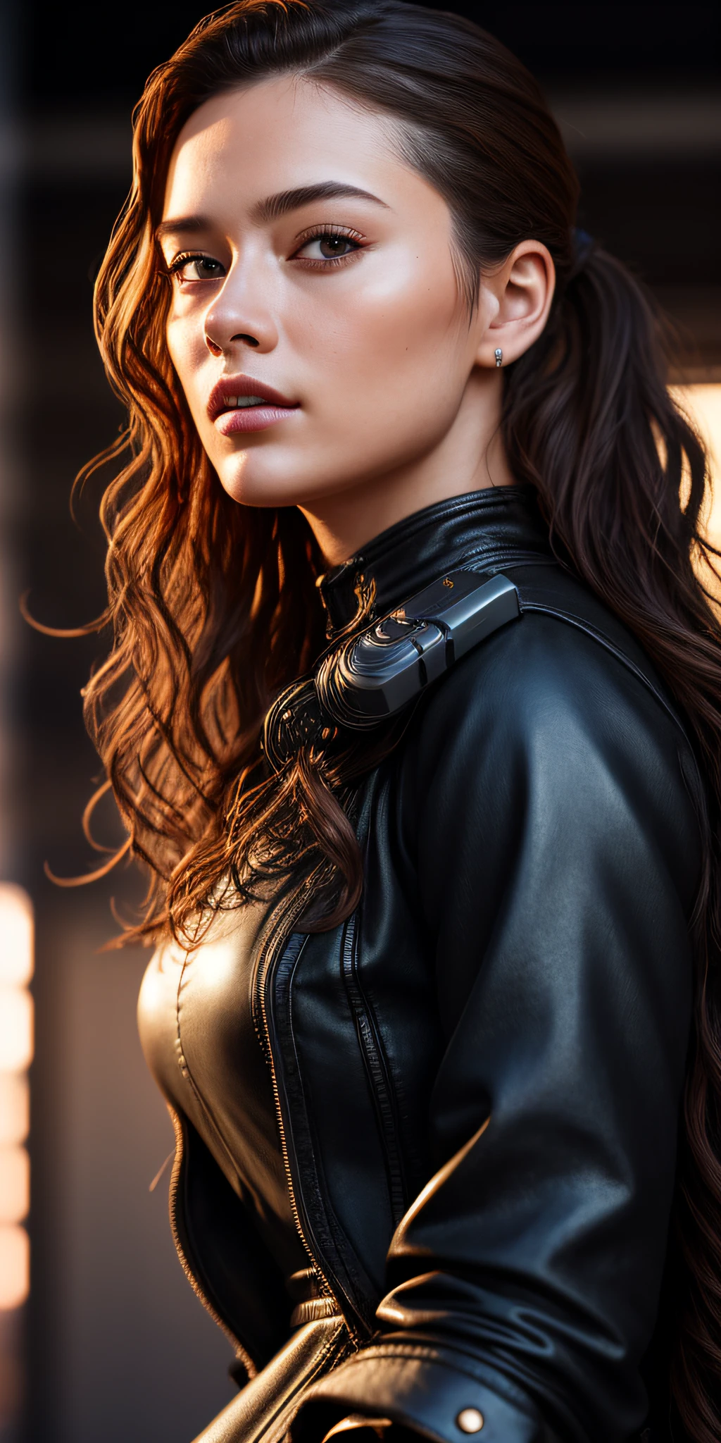 Full face portrait photo of 25 year old European girl, RAW, beautiful woman, semi-open strawberry lip, dimples, wistful expression, (extra long wavy brown hair), ((detailed face)), ((detailed facial features)), (fine detailed skin), pale skin, (detailed tech cyberpunk dress with deep neckline), Cyberpunk megacity environment, (cool colors), wet, damp, reflection, (masterpiece) (perfect proportions) (realistic photos) (highest quality) (detail) shot with Canon EOS R5, 50mm lens, f/2.8, HDR, (8k) (wallpaper) (cinematic lighting) (dramatic lighting) (sharp focus) (complex), raw photos, raw photos, gigachad photos, Camera Pose, Black Jeans, Back Arm, 8K UHD, DSLR, High Quality, Grain Film, Fujifilm XT3, Film Stock Photo 4 Kodak Portra 400 Camera F1.6 Lens Rich colors Ultra-realistic textures Dramatic lighting Unreal Engine Art Station Trends Cinestill 800 tungsten, toughboy style, Ultra focus face, intimidating, combat position, short messy hair, muscles, bursting veins, beads, black and long curly, ponytail,