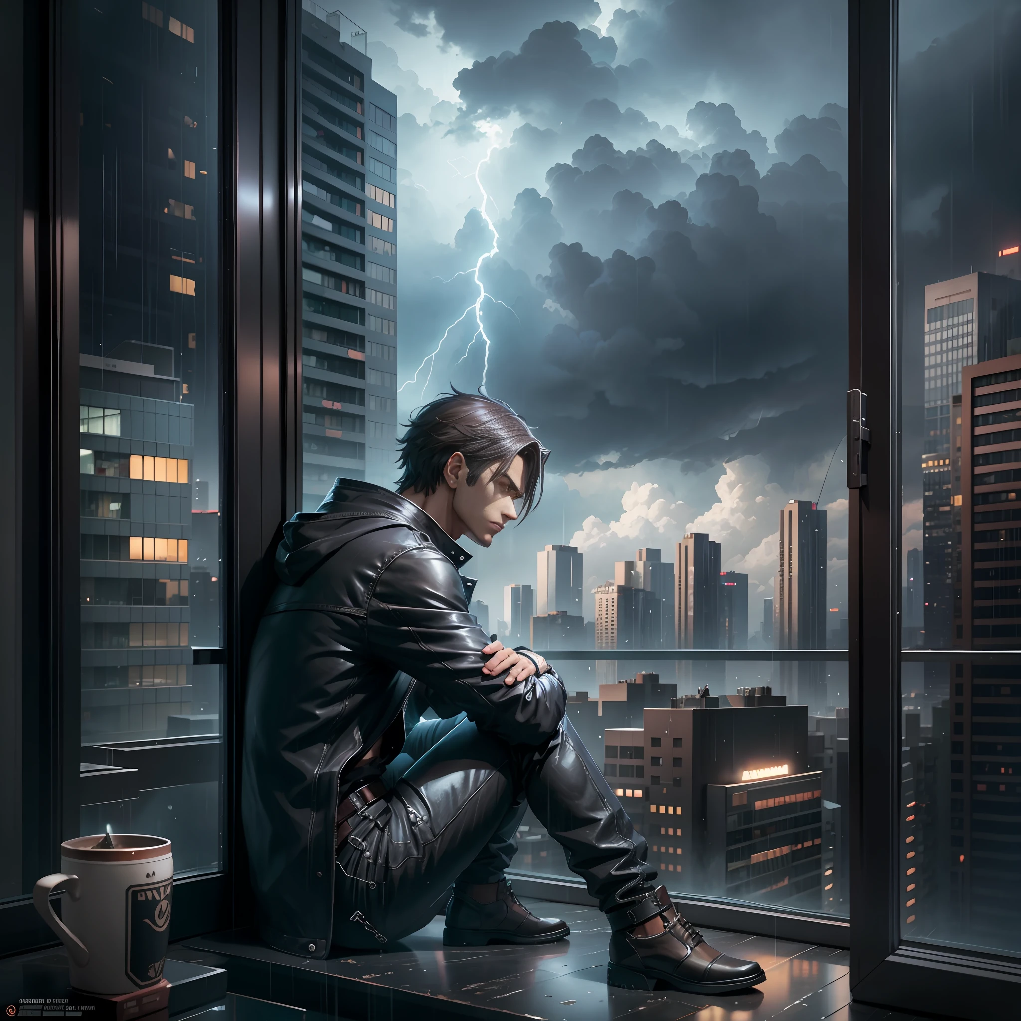 Matte painting, gloomy weather, man sitting on the edge of the windowsill with sad expression, heavy rain outside the window, lightning constantly, tall buildings, (realistic 3D style: 1.1), (anime realistic style: 0.9), (handsome: 1.2), (anime pose: 1.1), (urban environment: 1.1), (smooth anime CG art: 1.1), (high quality: 1.1), (badass: 0.9), (8K: 1.1), young anime: 1.1.