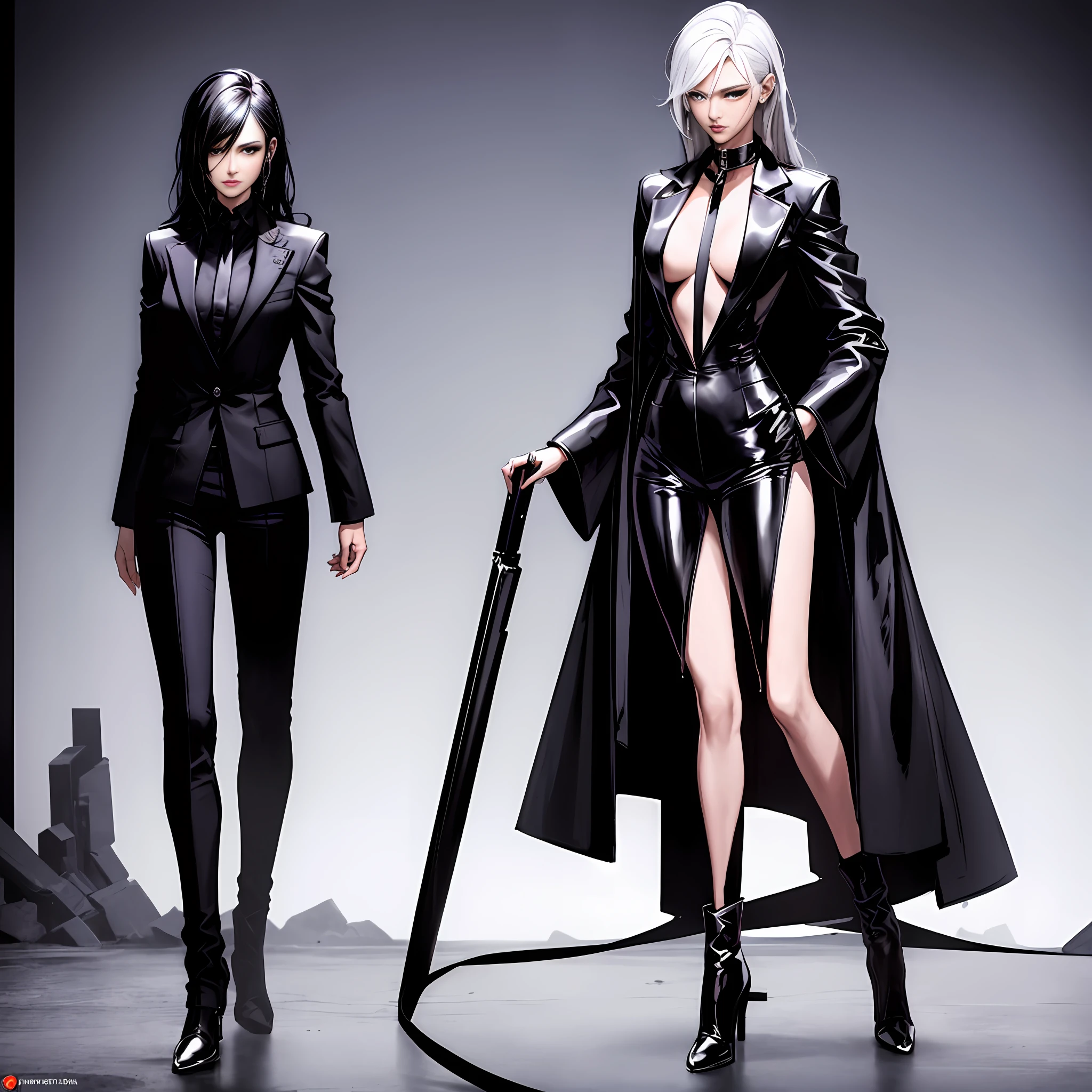 Masterpiece, a beautiful underworld woman, gangster movie female BOSS, wearing a black silk trench coat, full body black costume standing under the empty night stars, full body standing, tall figure, slender legs, facial details, detailed body part details, 8k wallpaper