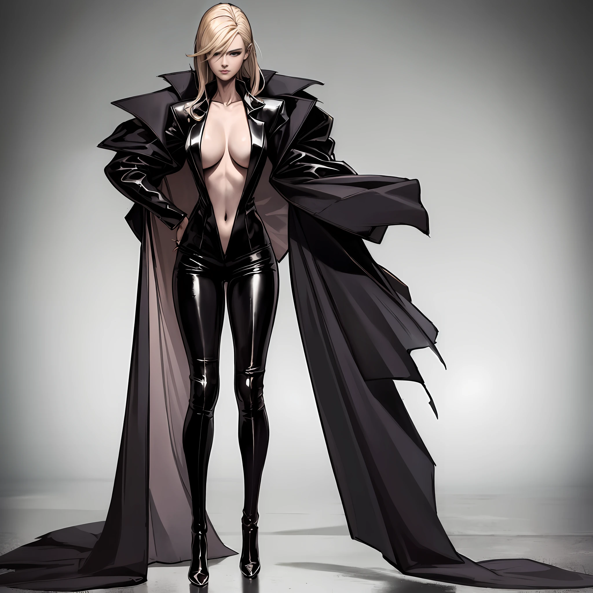 Masterpiece, a beautiful underworld woman, gangster movie female BOSS, wearing a black silk trench coat, full body black costume standing under the empty night stars, full body standing, tall figure, slender legs, facial details, detailed body part details, 8k wallpaper