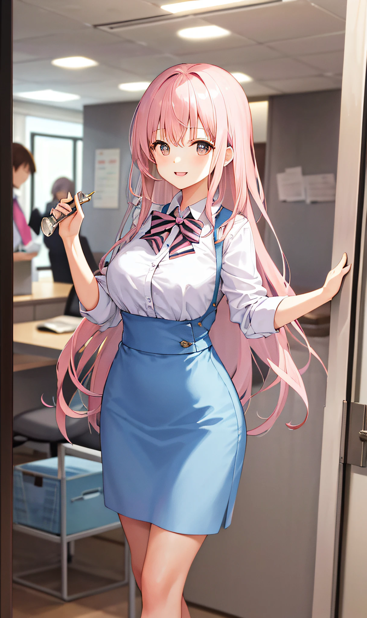 ((masterpiece, best)),(1girl),((mature woman)), light pink hair, dizzy, trumpet, ((office lady)), bangs, mid-chest, (full), slim, smiling, [wide hips] ,office,standing, aru \(blue archive\),