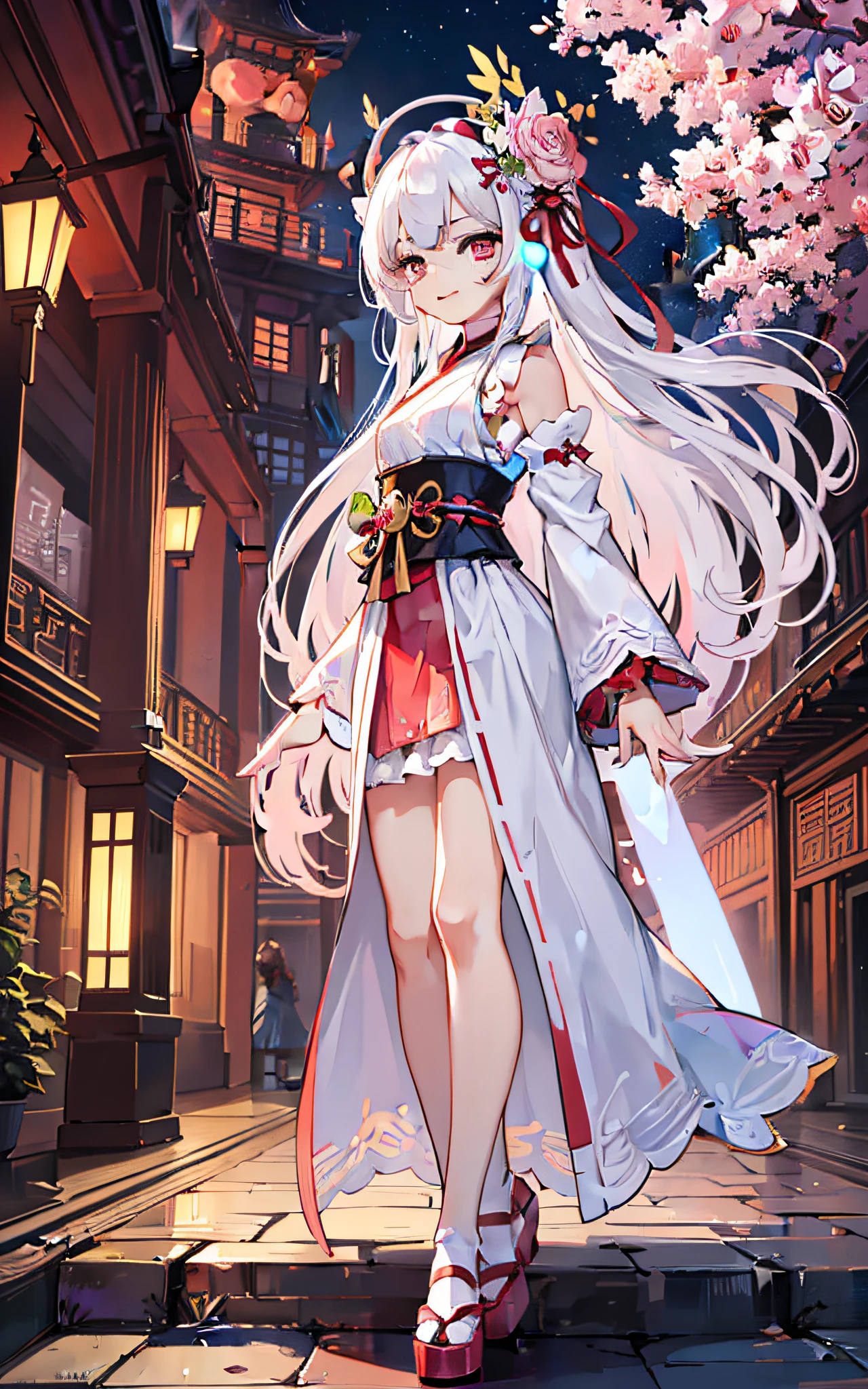 highly detailed,ultra-detailed,best quality,illustration,(Best character details:1.36),very close to viewer
beautiful ancient palace background,Exquisite architecture,(delicate background),(Soft glow:0.8),{bloom},sunlight,red lantern,fireworks, pink flower,
1girl,solo,full body,age:7,loli,(loli:1.8),(girl:0.4),standing,arms behind back,{{smirk}}, dynamic angle,looking at viewer,{{cute}},cute face,narrow waist,(breast:0.9)
beautiful white hair,long hair,floating hair,{{{pink eyes}}},bright_eyes,gradient_eyes,
(gorgeou hanfu|white:1.65|red:0.15|golden lace),white stockings,hair ornament,white hair_ribbon,
