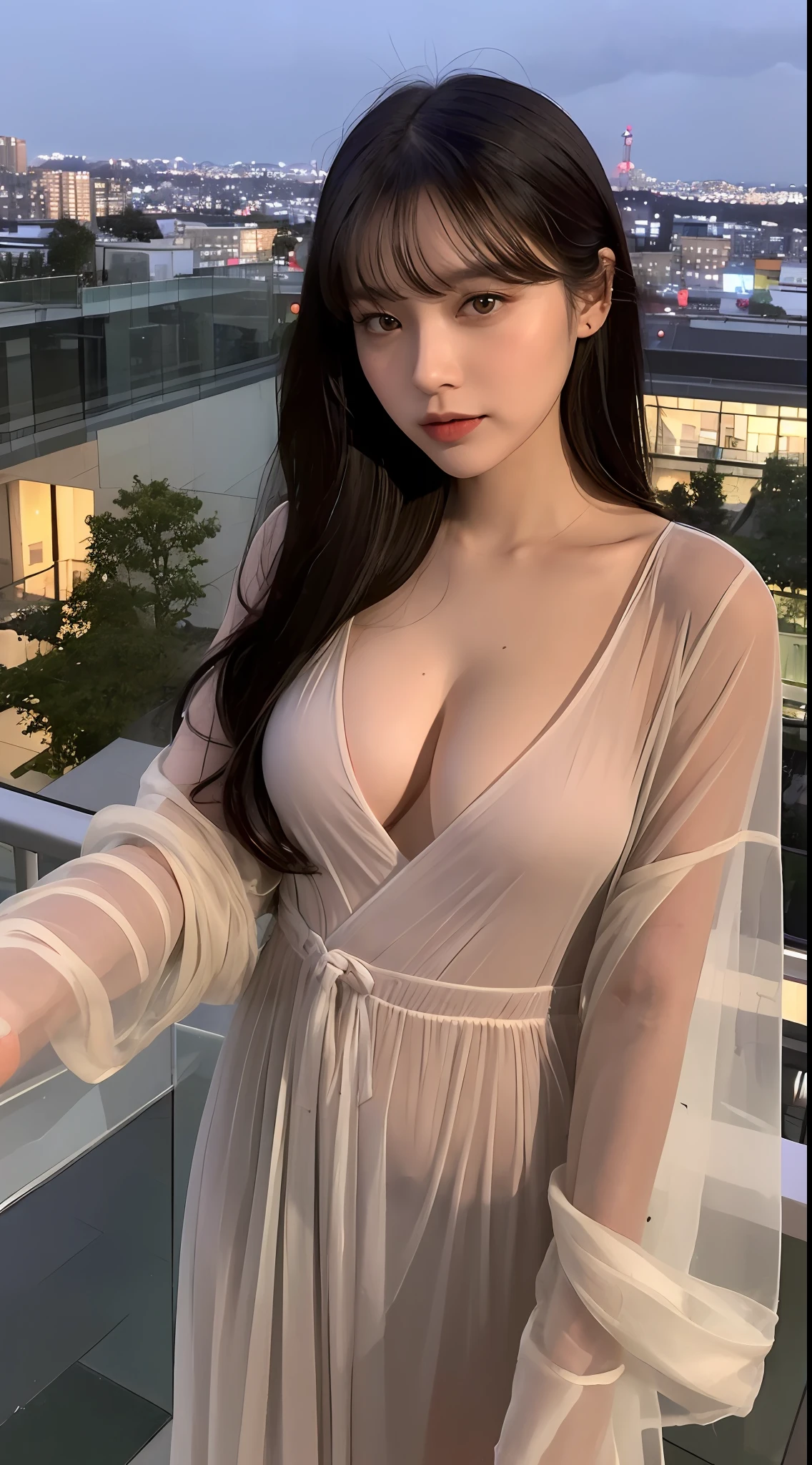 ((Best Quality, 8K, Masterpiece: 1.3)), Selfie, Sharp Focus: 1.2, Cute Beauty with Perfect Figure: 1.4, Slim Big Breasts: 1.2, ((Brown Black, Big Breasts: 1.2)) , (Small transparent dress, semi-nude, highly fine breasts, happy expression, Standing: 1.2), ((Night view of the rainy city, simple balcony: 1.3 Produced with a female main focus)), highly detailed face and skin texture, detailed eyes, double eyelids, sweater, wet, low-cut clothing, silky transparent dressing gown, flush bangs, black hair