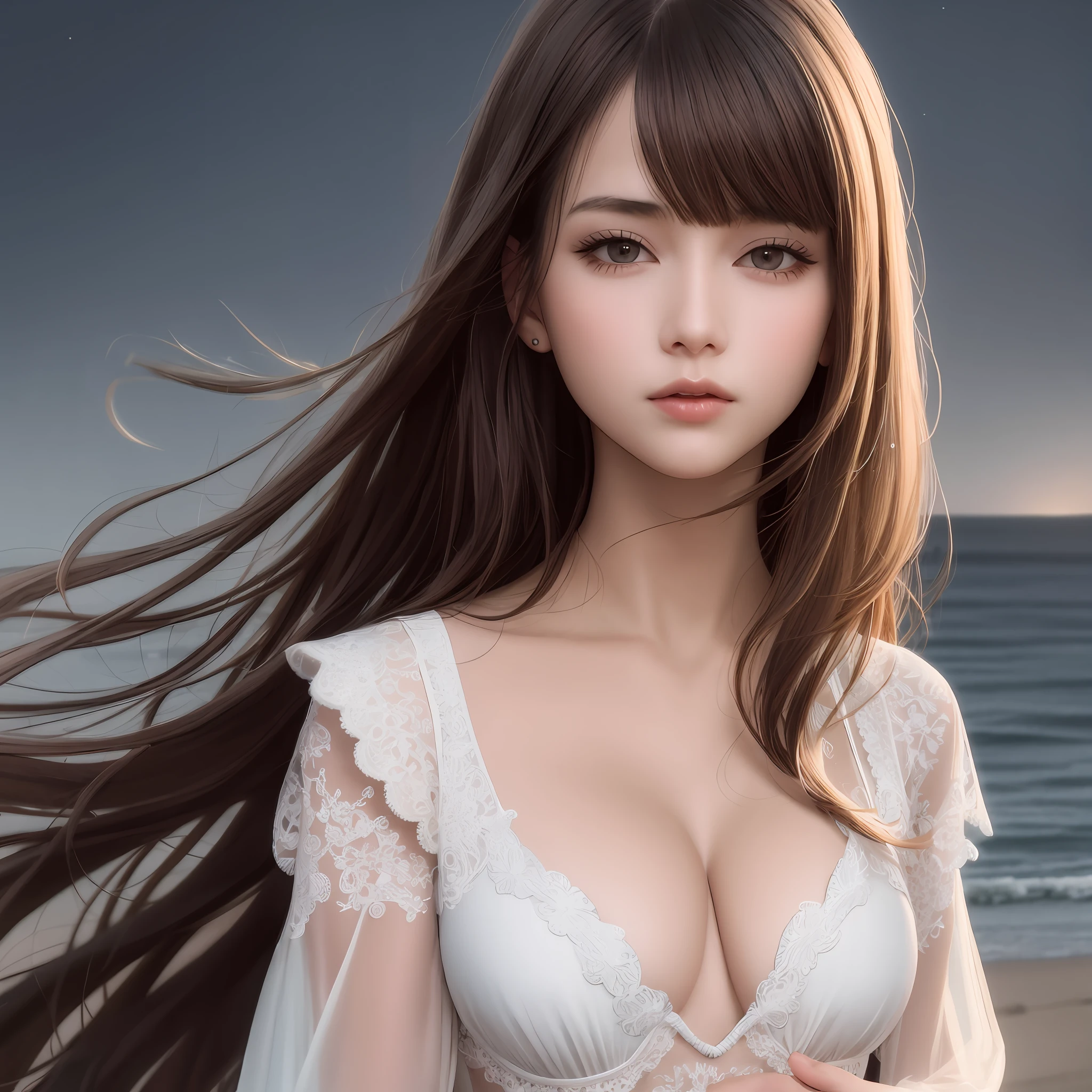 best quality, realistic, photorealistic, extremly detailed, an extremely delicate and beautiful, RAW photo, professional lighting, light on face, depth of field, solo focus,
full body, a woman, (dark night, beach, stary sky:1.4), brown hair, brown eyes, smaller head, fashion girl, beautiful eyes, small breast,real face, real skin, realistic face, realistic skin, detailed eyes, detailed facial features,
detailed clothes features, (fashion clothes:1.3), (fashion hairstyle: 1.3)
dynamic poses, looking at viewer, simple background, detailed face and breast,
(pureerosface_v1:0.33), (ulzzang-6500:0.33),