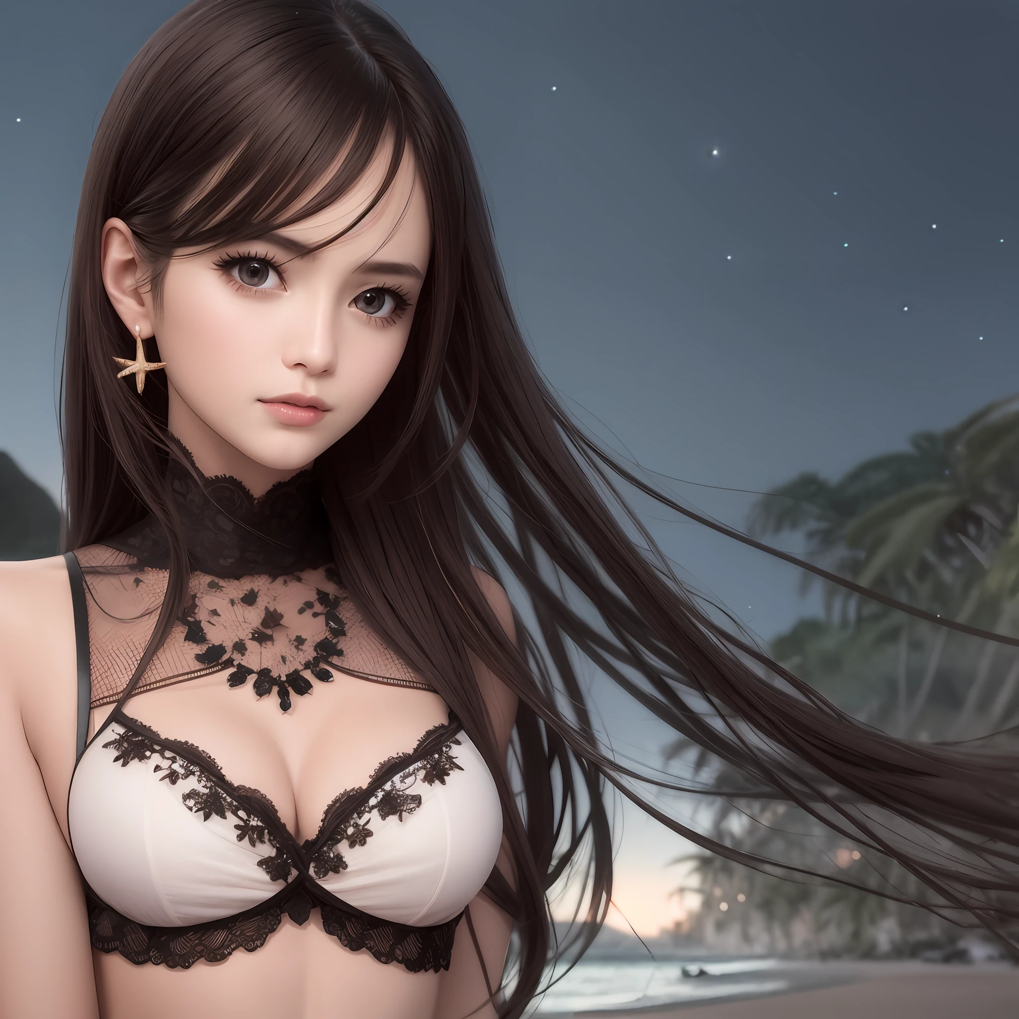 best quality, realistic, photorealistic, extremly detailed, an extremely delicate and beautiful, RAW photo, professional lighting, light on face, depth of field, solo focus,
full body, a woman, (dark night, beach, stary sky:1.4), brown hair, brown eyes, smaller head, fashion girl, beautiful eyes, small breast,real face, real skin, realistic face, realistic skin, detailed eyes, detailed facial features,
detailed clothes features, (fashion clothes:1.3), (fashion hairstyle: 1.3)
dynamic poses, looking at viewer, simple background, detailed face and breast,
(pureerosface_v1:0.33), (ulzzang-6500:0.33),
