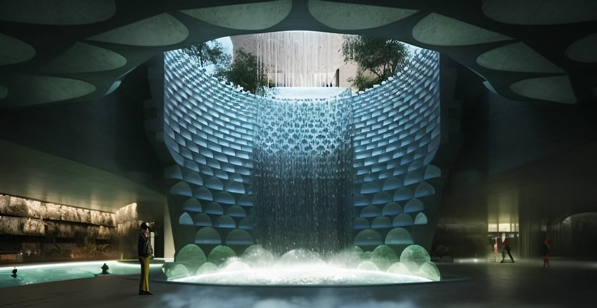 there is a large waterfall in a building with a man standing in front of it, waterfall walls, brutalist waterfall environment, bjarke ingels, by Zha Shibiao, futuristic marrakech, futuristic architectural art, fountain of water, alien waterfall, futuristic marrakech morocco, futuristic architecture concept, inspired by Zha Shibiao, conceptual art