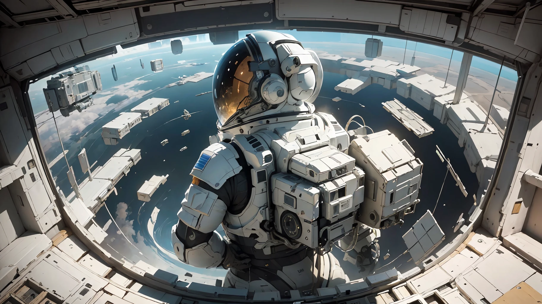 ((Masterpiece)), (Best Quality)), 8K, high detail, hyper-detail, the painting depicts a scene of breathtaking magnificent spatial images. The picture shows a person wearing a spacesuit, facing back, looking at the upper body of a huge broken robot floating outside the space station. The scenes are extremely detailed and the clarity is extraordinary, capturing every intricate detail of the panorama.