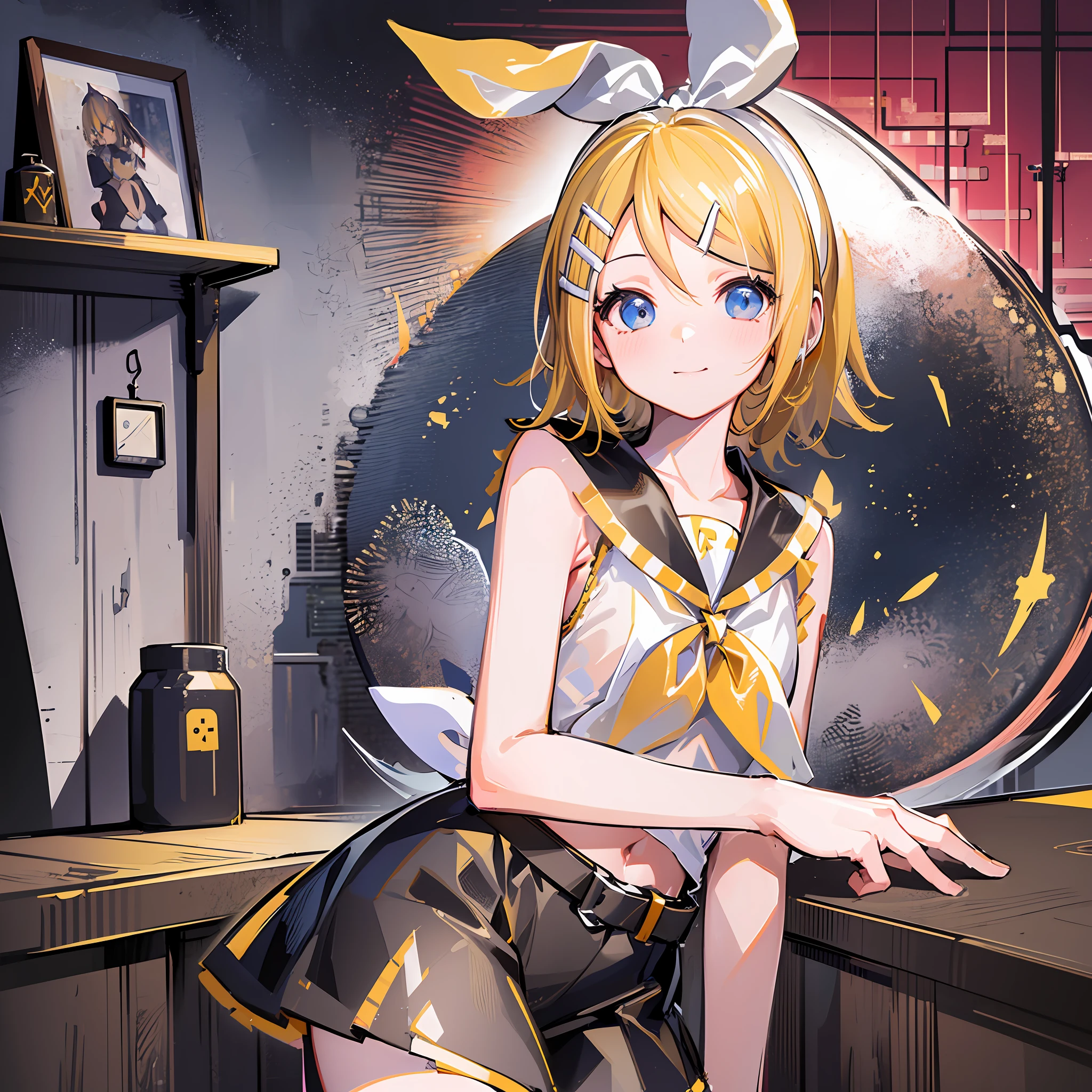 (Masterpiece), (Best Quality), (Illustration), (Ultra Detailed), (High Resolution), Absurdity, One Girl, (Kagamine_Rin:1.5), (Vocaloid), Shoulders are cut off, Short Hair, Hair Clip, Blush, (Blonde), Very Cute Girl, Small, Young, Delicate, Attention to Girl, Living Room, Cute, She, Smile, Best Moment, Sailor Suit, Black Shortscute, belt, blue eyes, bright eyes, cool