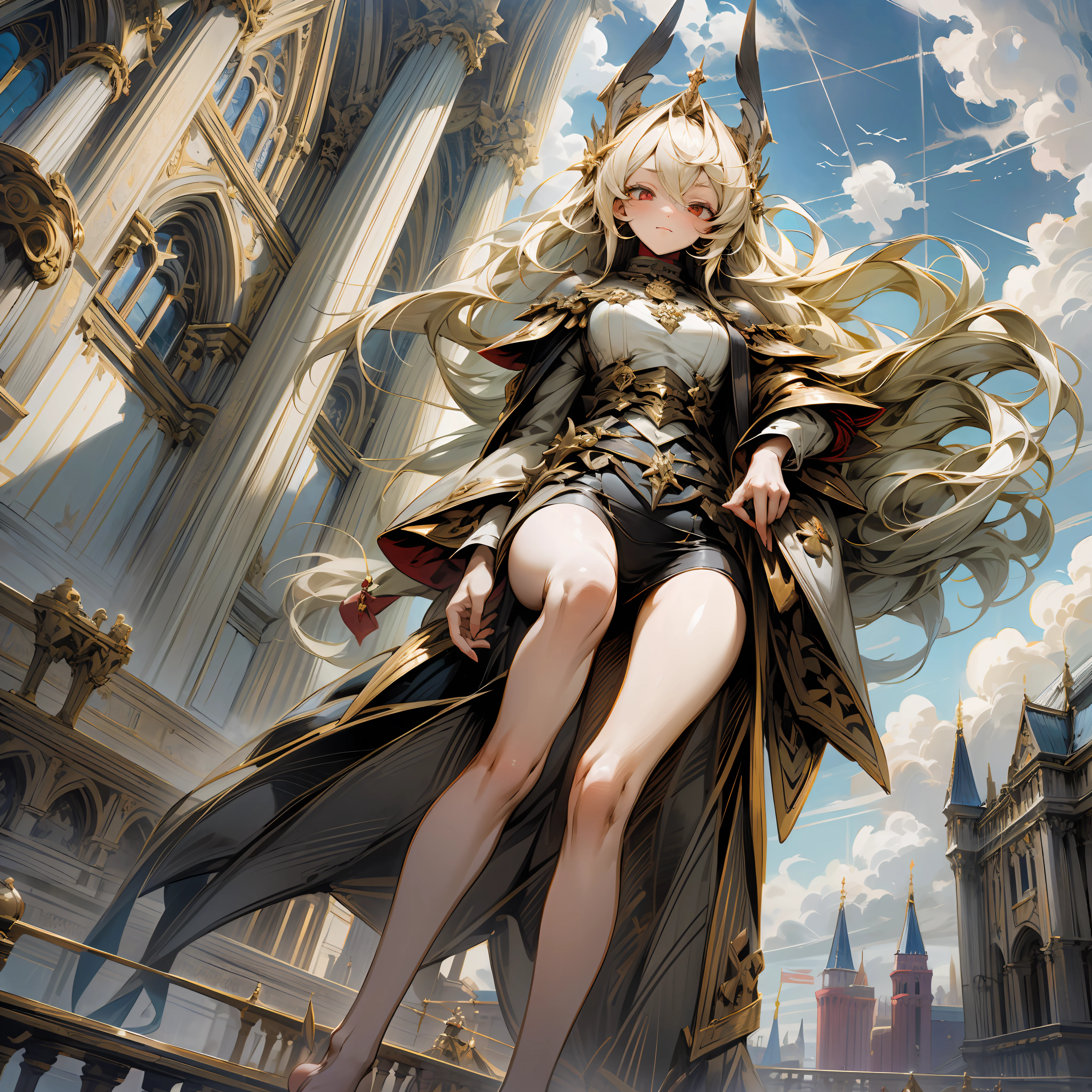 Two-dimensional style, a thousand meters tall red-eyed huge beautiful girl, head high into the clouds, taller than the building, barefoot and bare legs, looking down at the building below
Buildings shorter than giantesses, wearing garreg mach monastery uniform, hair in takes, knight, , in the castle, blonde hair, bishoujo --auto --s2