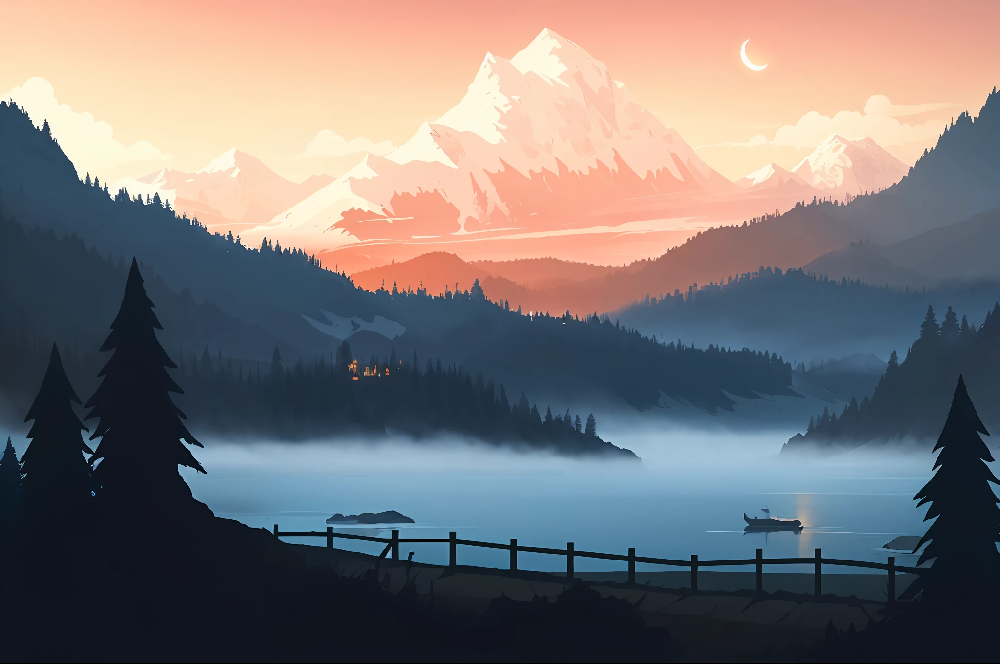 mountains and trees are silhouetted against a sunset sky with a lake, calm night. digital illustration, 4 k hd illustrative wallpaper, 4 k hd wallpaper illustration, landscape illustration, scenery game concept art, 2d matte illustration, landscape wallpaper, detailed scenery —width 672, background artwork, environment design illustration, serene illustration, beautiful landscape background