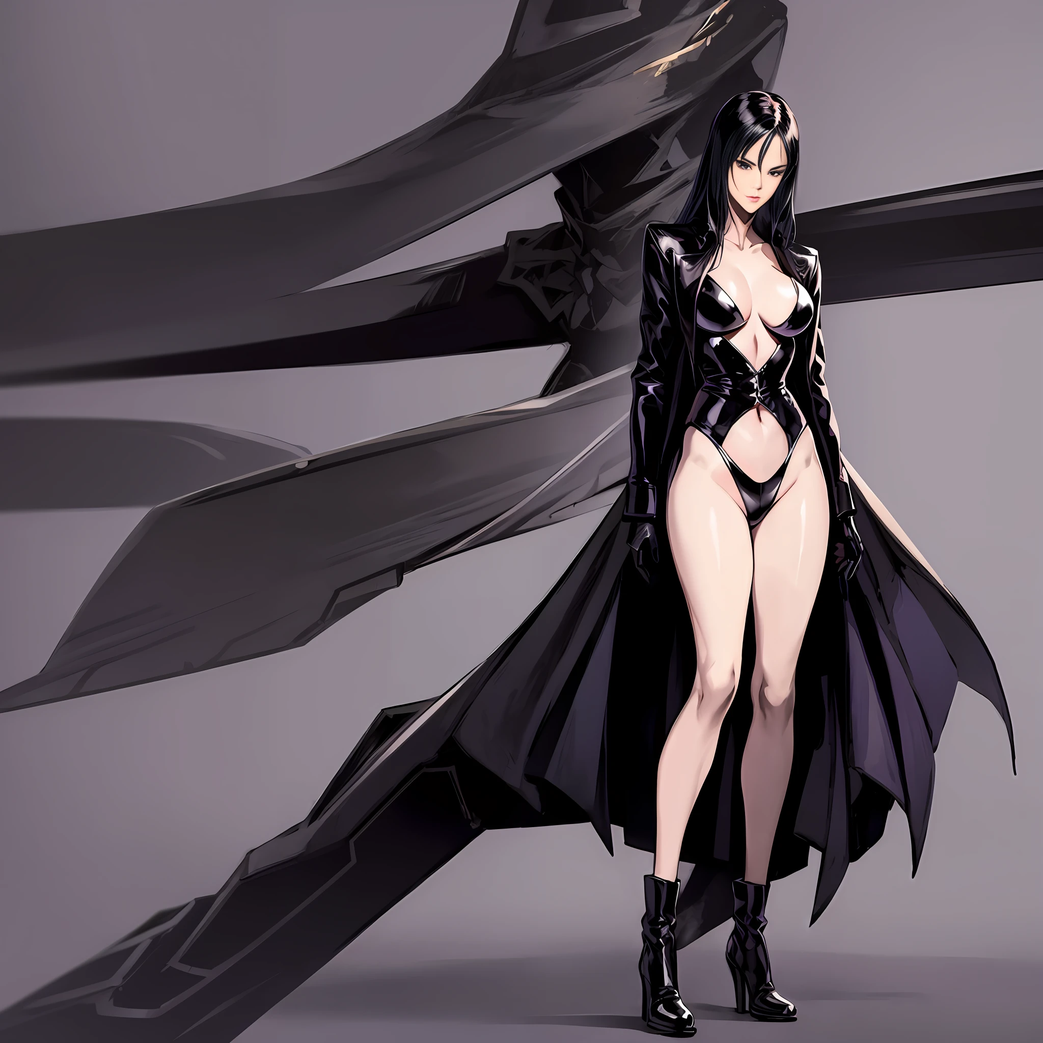Masterpiece, manga master work, great anime, a beautiful underworld woman, gangster movie female BOSS, wearing a black silk trench coat, full body black costume standing under the empty night stars, full body standing, tall figure, slender legs, facial details, detailed body part details, 8k wallpaper