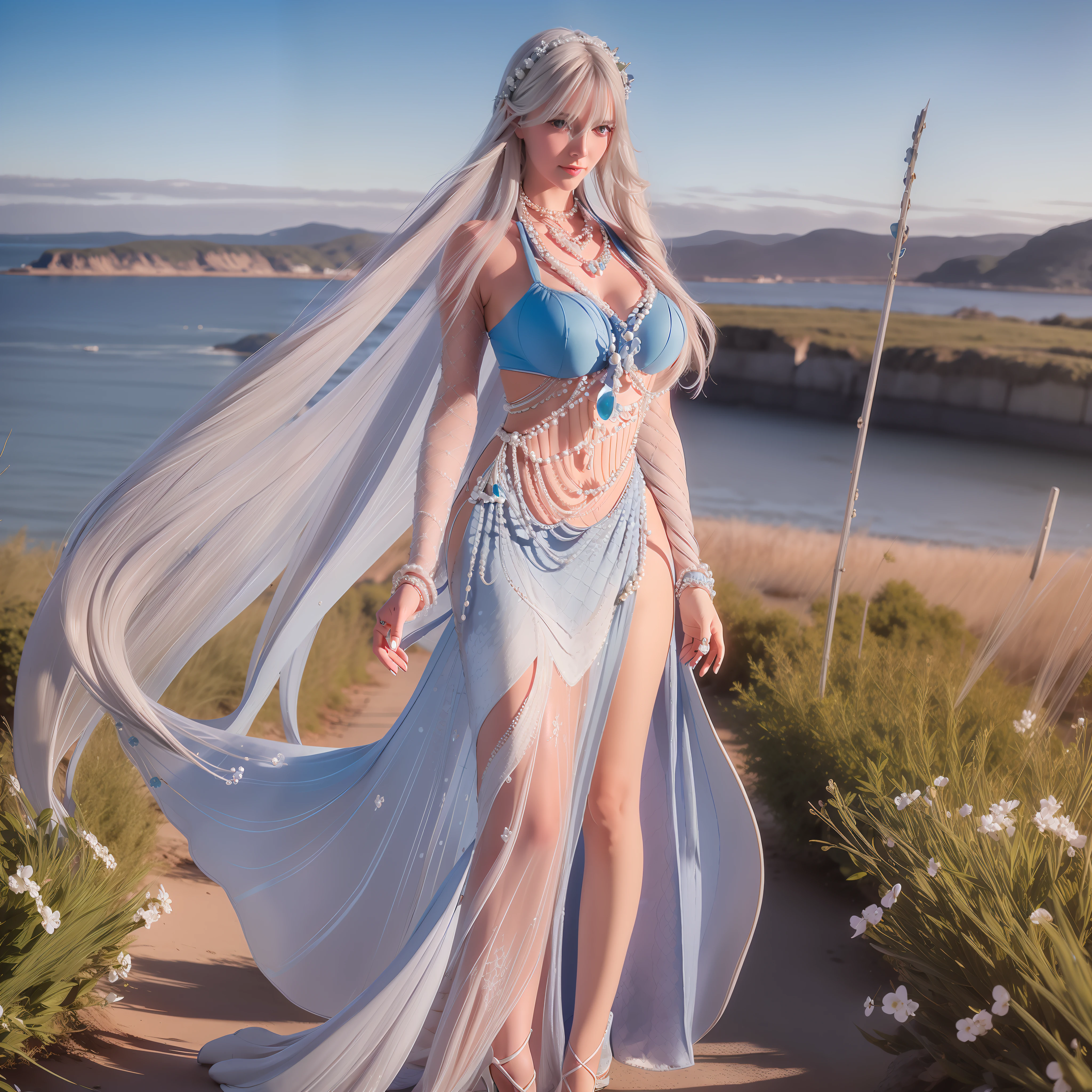 30 years age Woman, white long hair, wearing an long blue dress, Standing in a field with a view of the sea and sky, Smile, face beauty, pearl necklace, wearing a mermaid headband, high heels, blue nail polish, Slanted blue eyes with a piercing gaze, full body