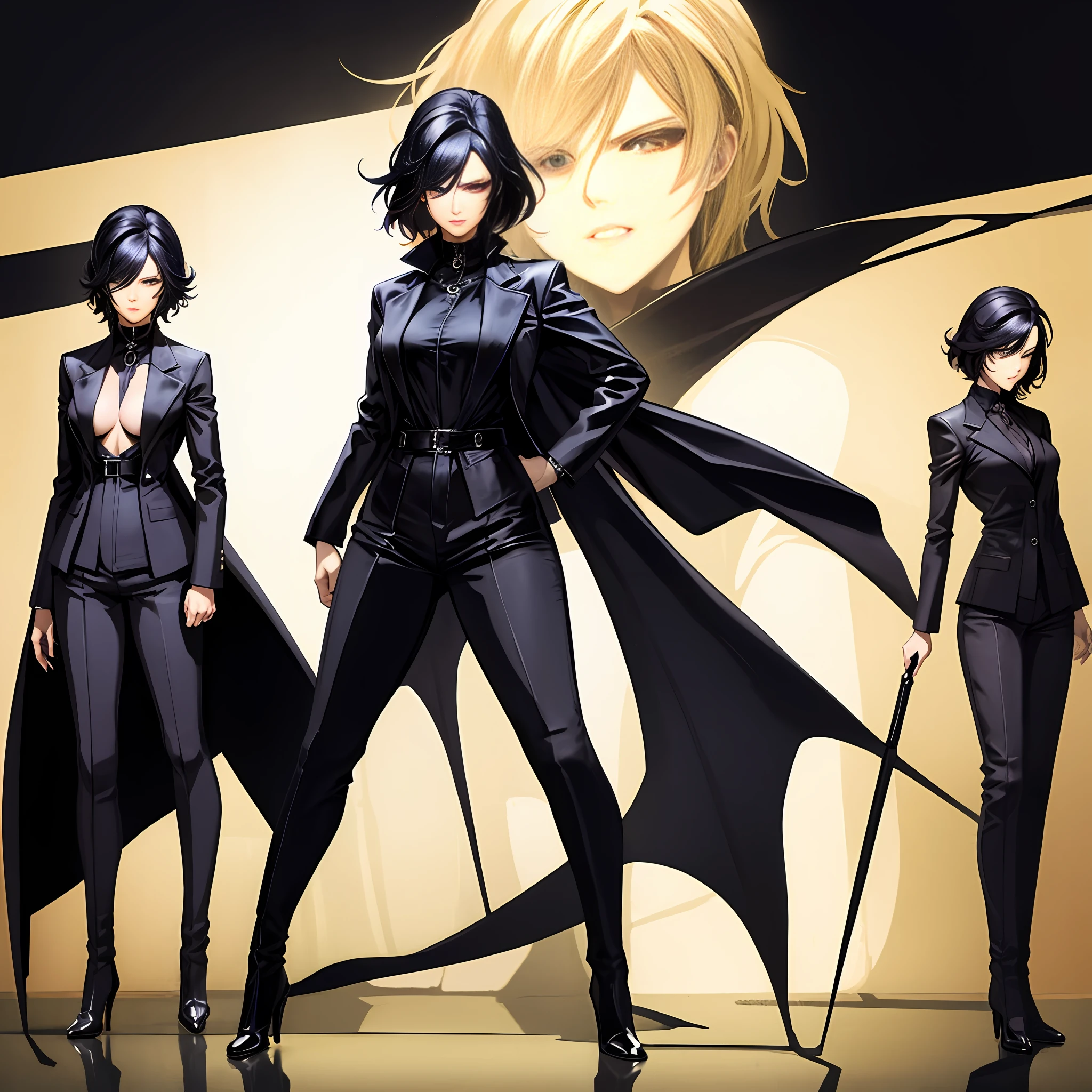 Masterpiece, manga master work, great anime, a beautiful underworld woman, gangster movie female BOSS, wearing a black silk trench coat, full body black costume standing under the empty night stars, full body standing, tall figure, slender legs, facial details, detailed body part details, 8k wallpaper