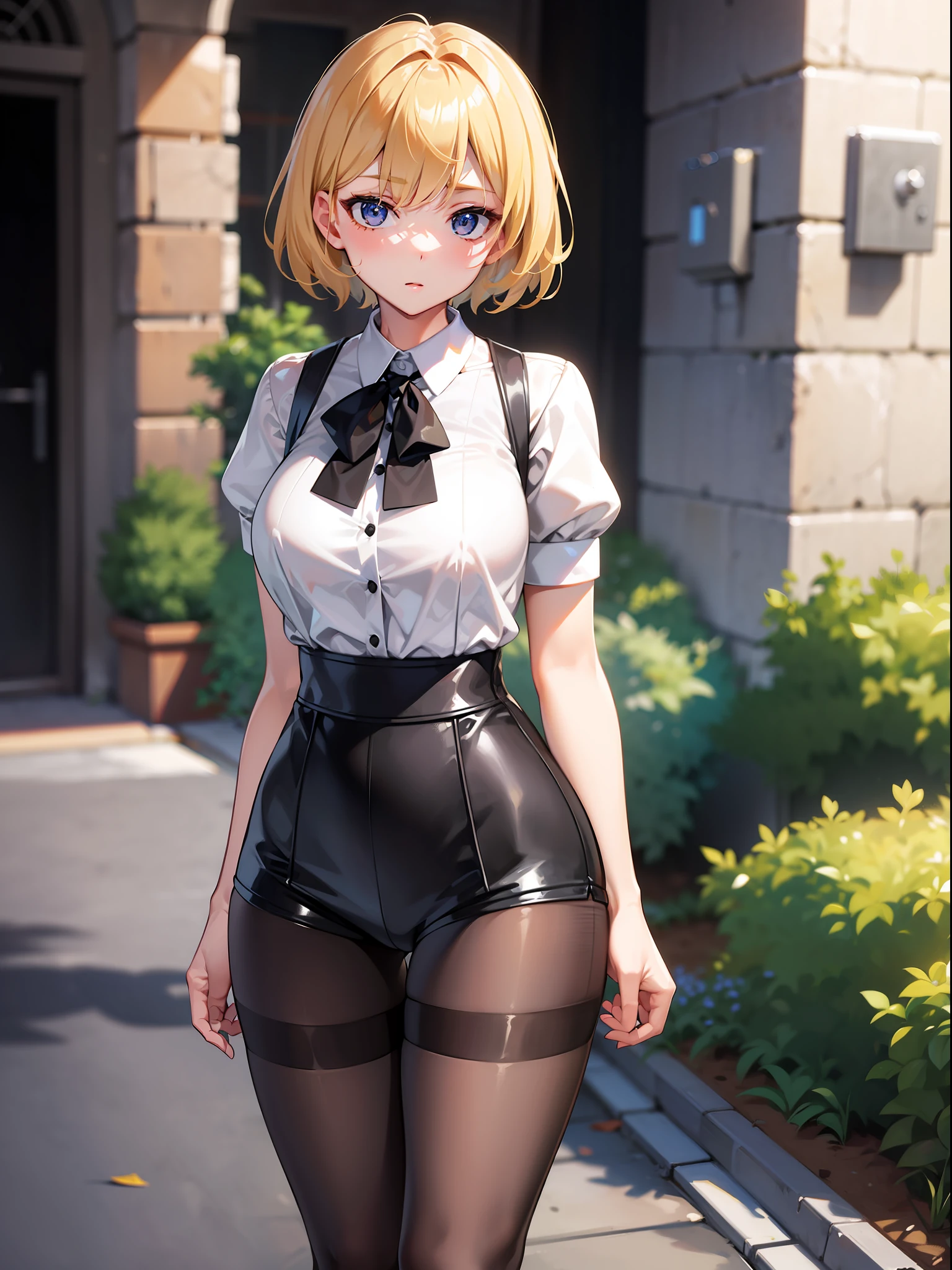 blonde short-haired, short clothes with white collar sleeves, shorts, pantyhose, girl, outdoor,