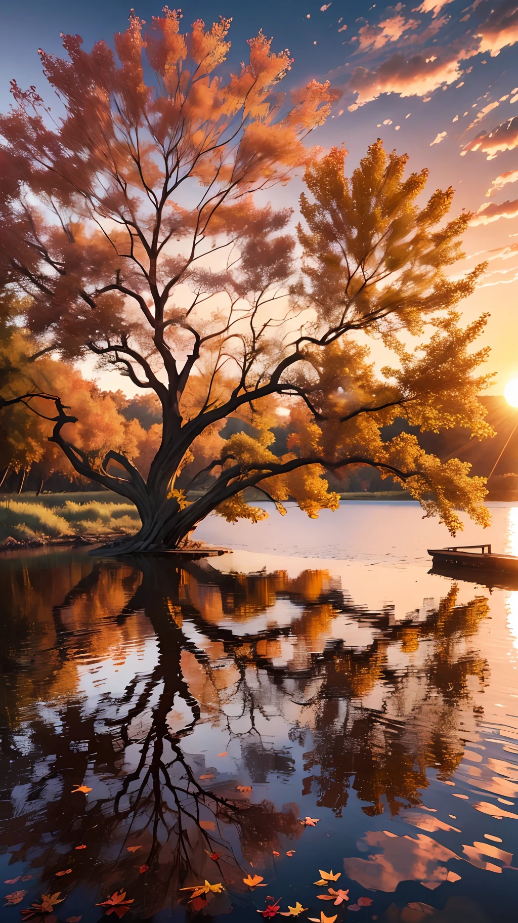 Leafless tree in autumn sunset near a river where it reflects the realistic 8k sun --auto --s2